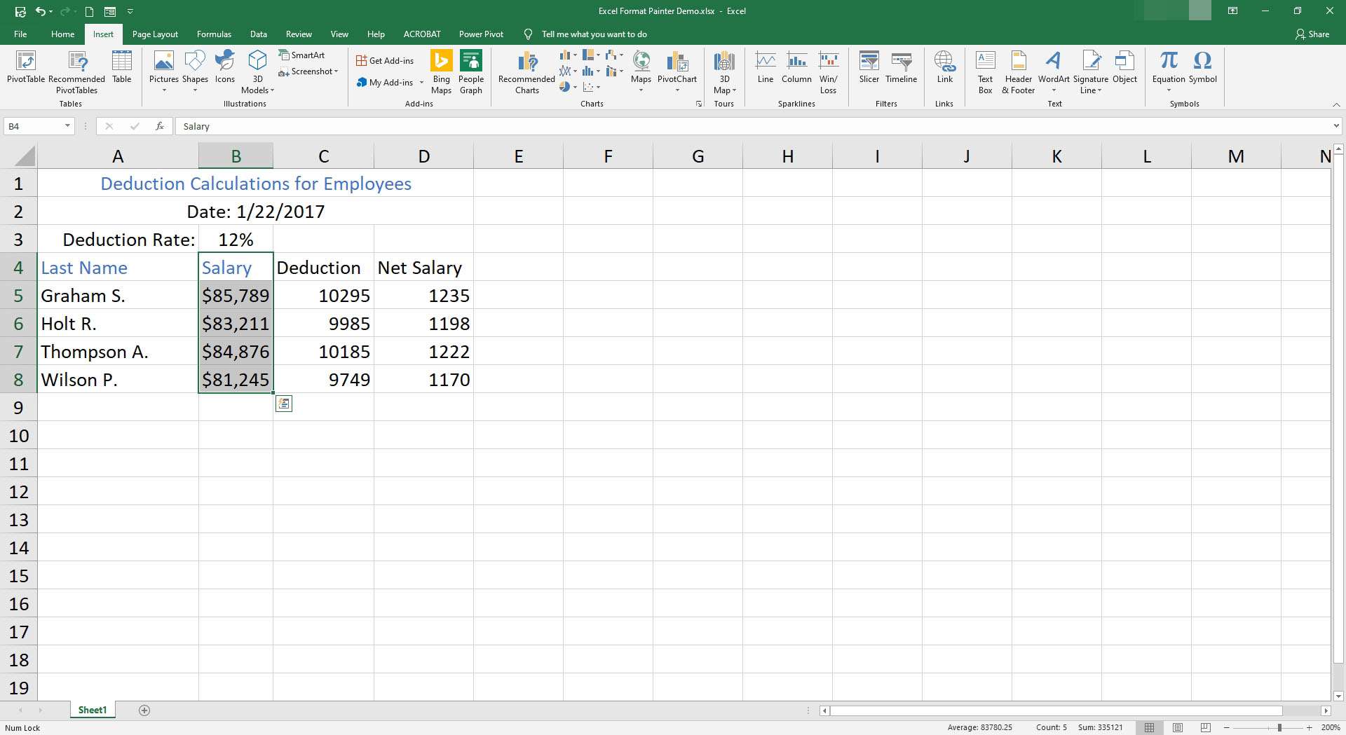 As células B4 a B8 são selecionadas no Excel.