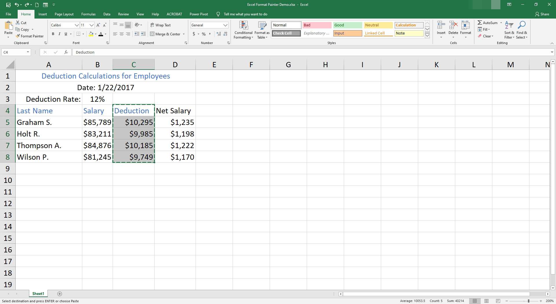 As células C4 a C8 são selecionadas no Excel.