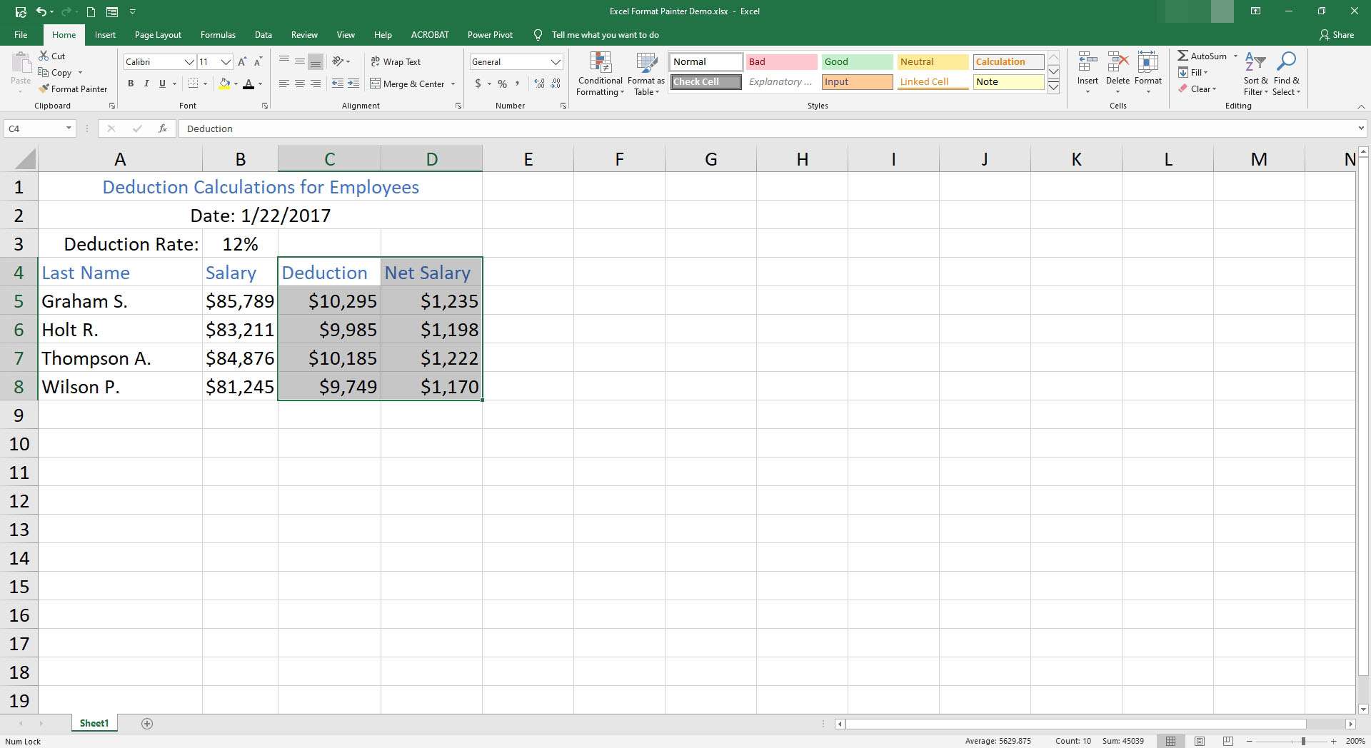 O produto final do pintor de formatação em Excel.