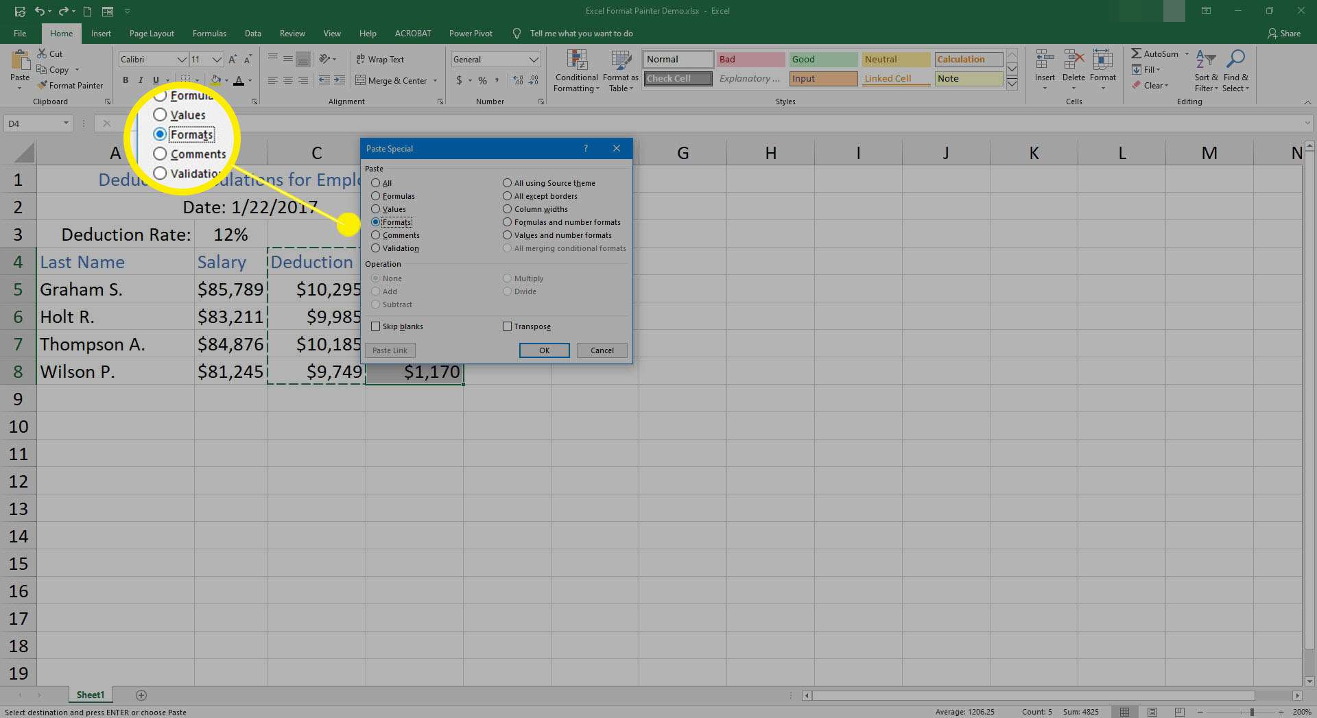 A configuração de colagem de formatos é destacada no Excel.