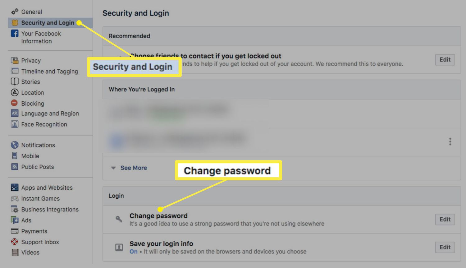 Configurações de segurança e login no Facebook