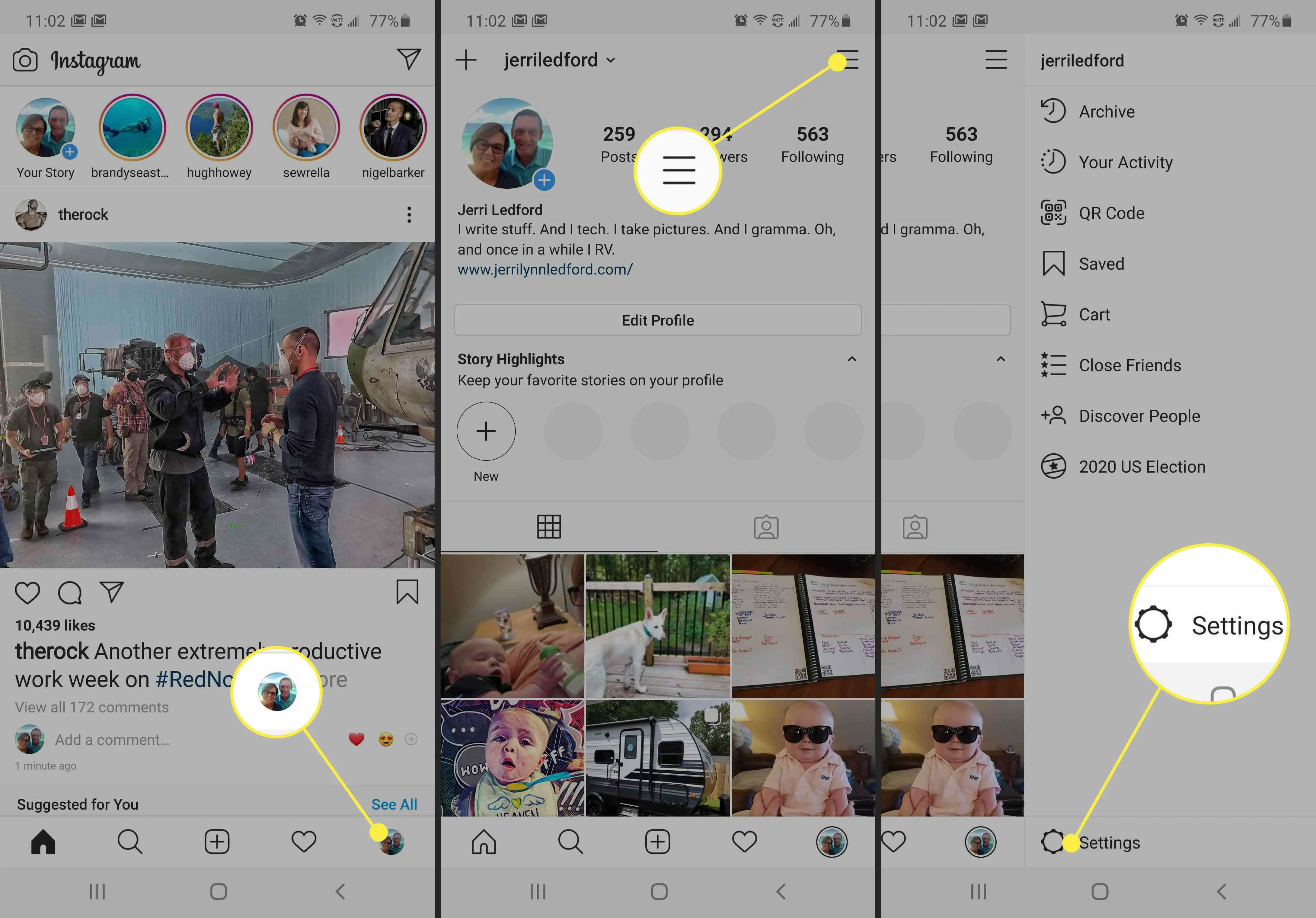 Capturas de tela mostrando a localização das configurações no Instagram.