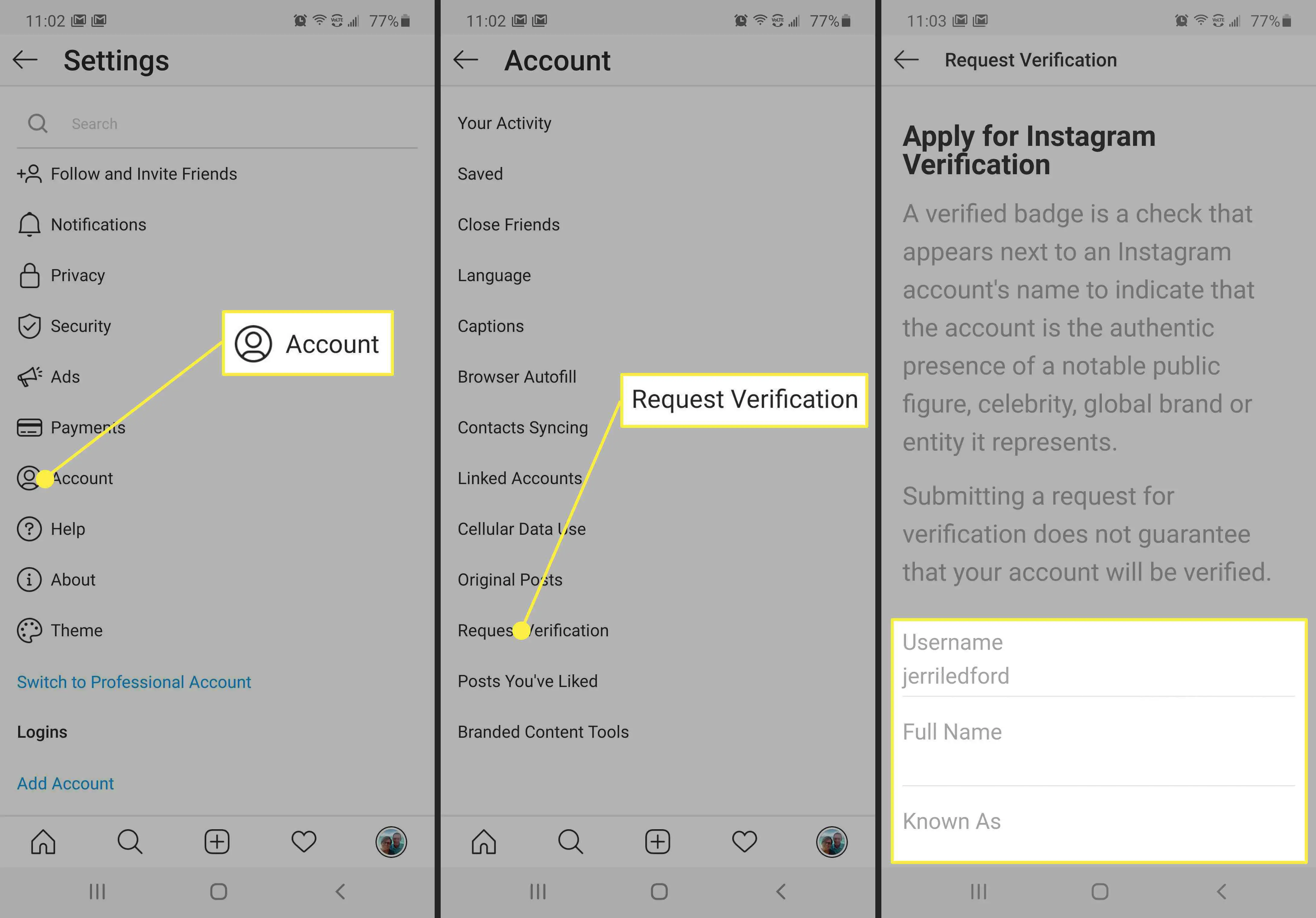 Capturas de tela mostrando as opções para solicitar verificação no Instagram.