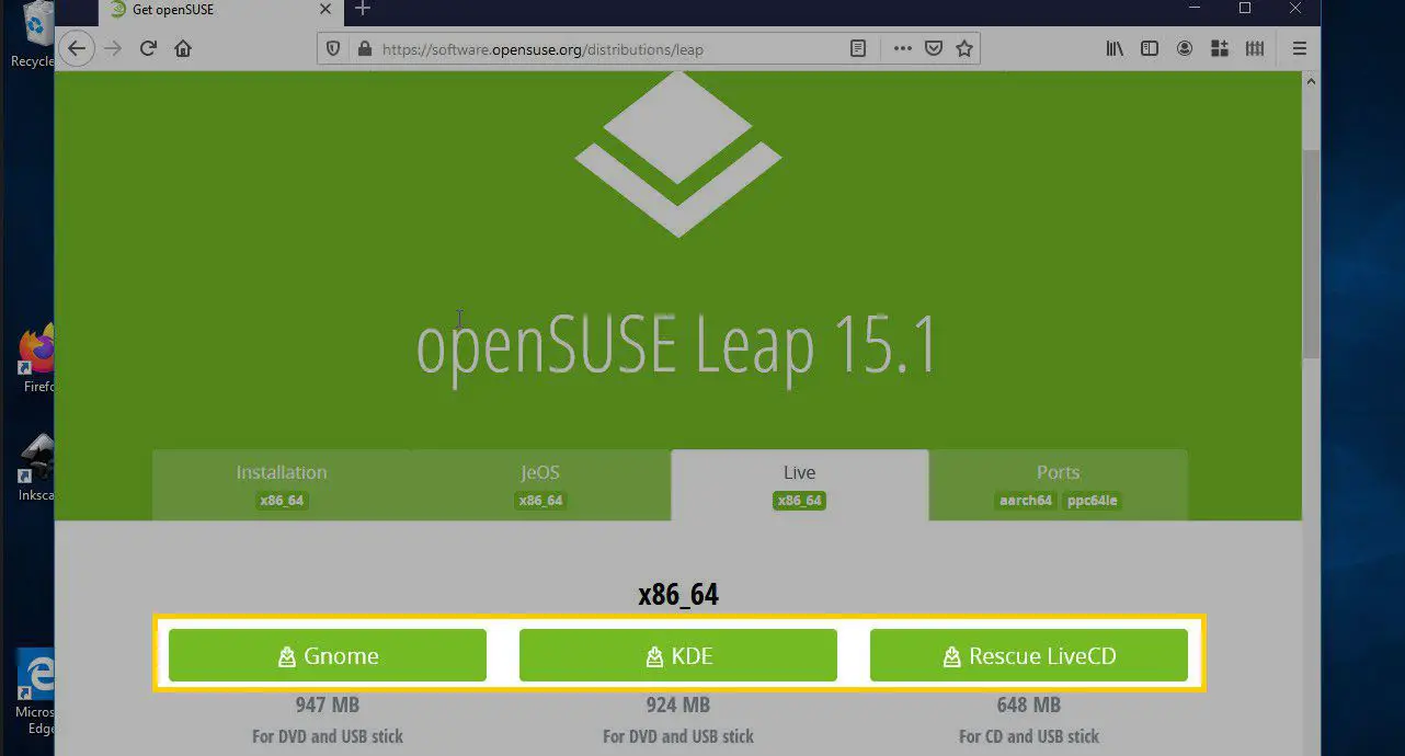 Opções no site openSUSE Leap