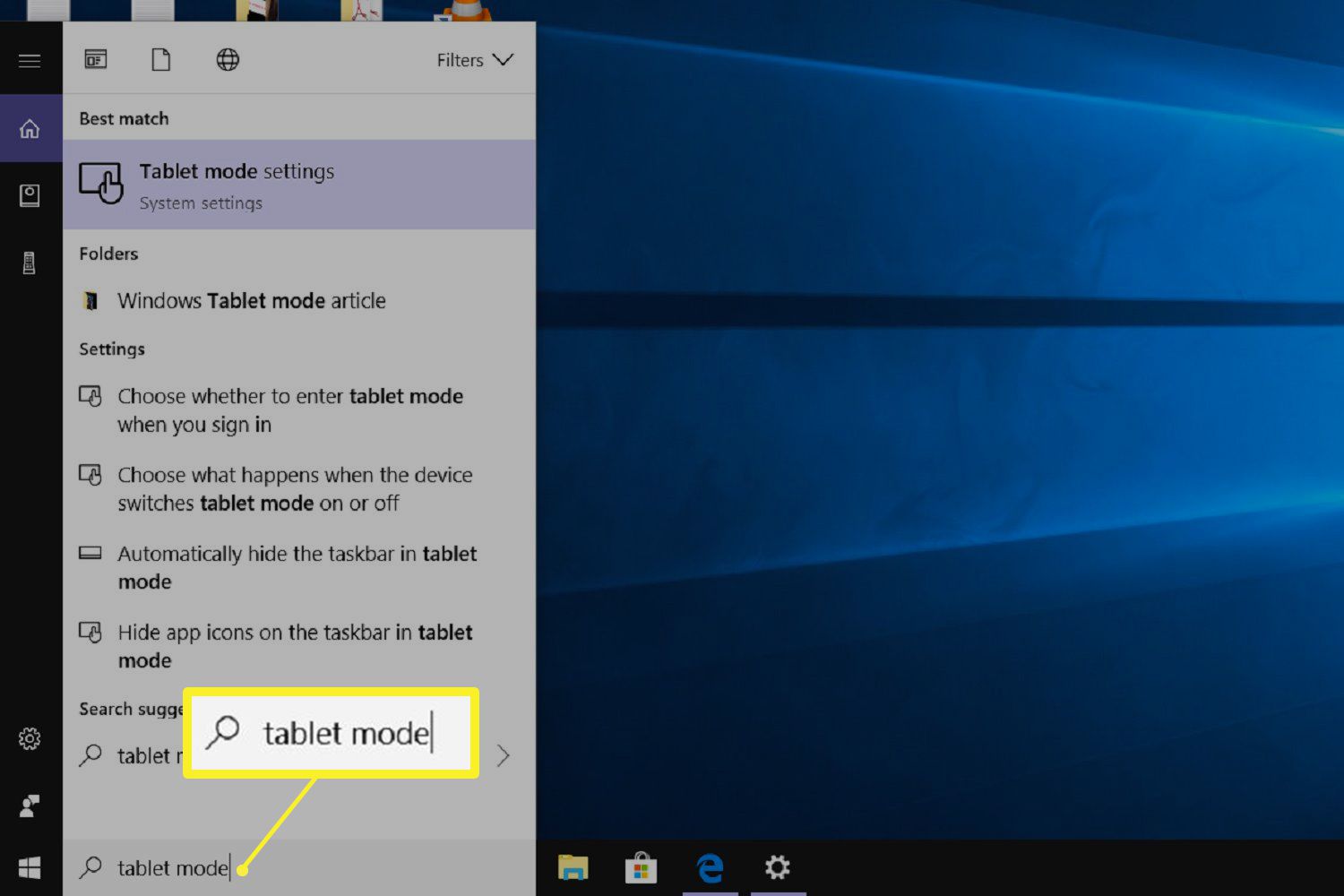 Usando o método da barra de pesquisa para acessar as configurações do modo Tablet no Windows 10
