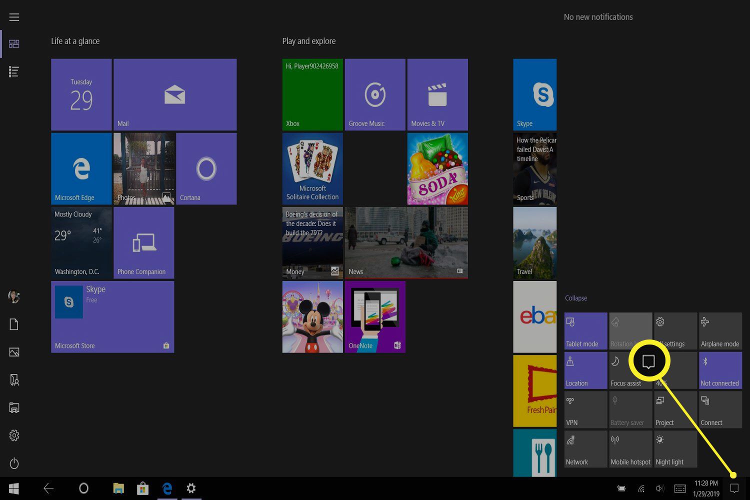 Ícone do Action Center no Windows 10