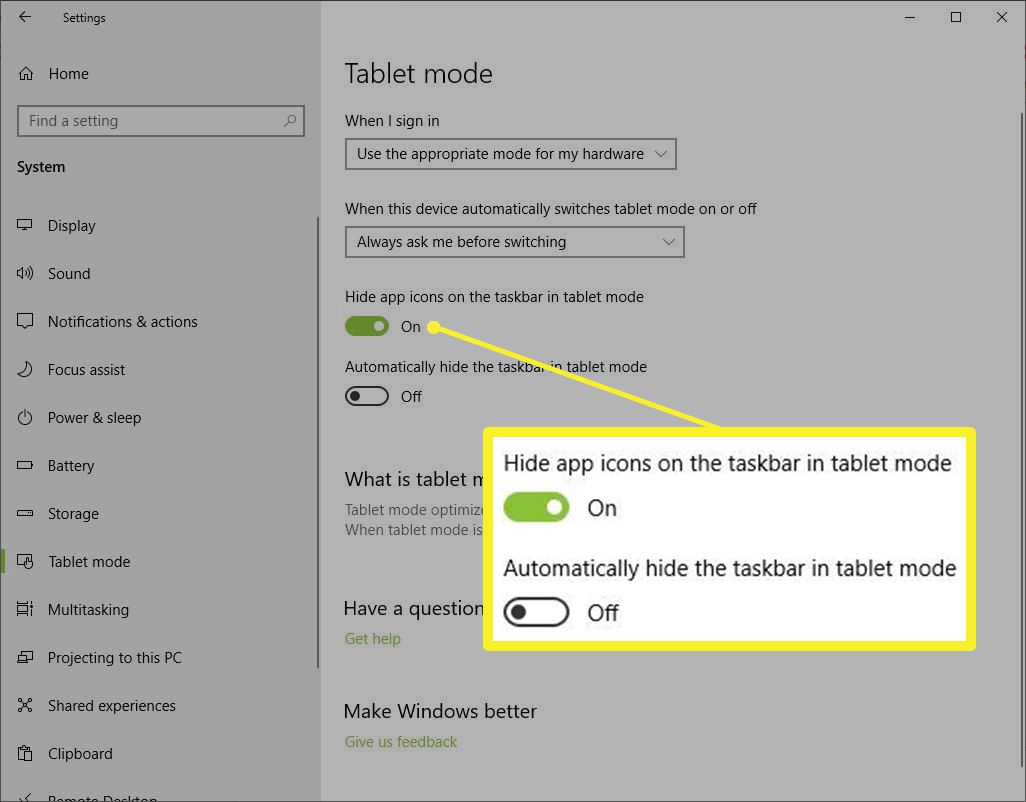 Opções do modo Tablet no Windows 10