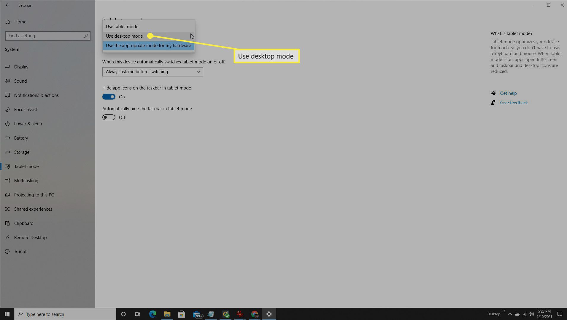Use o item de menu do modo desktop no Windows 10.