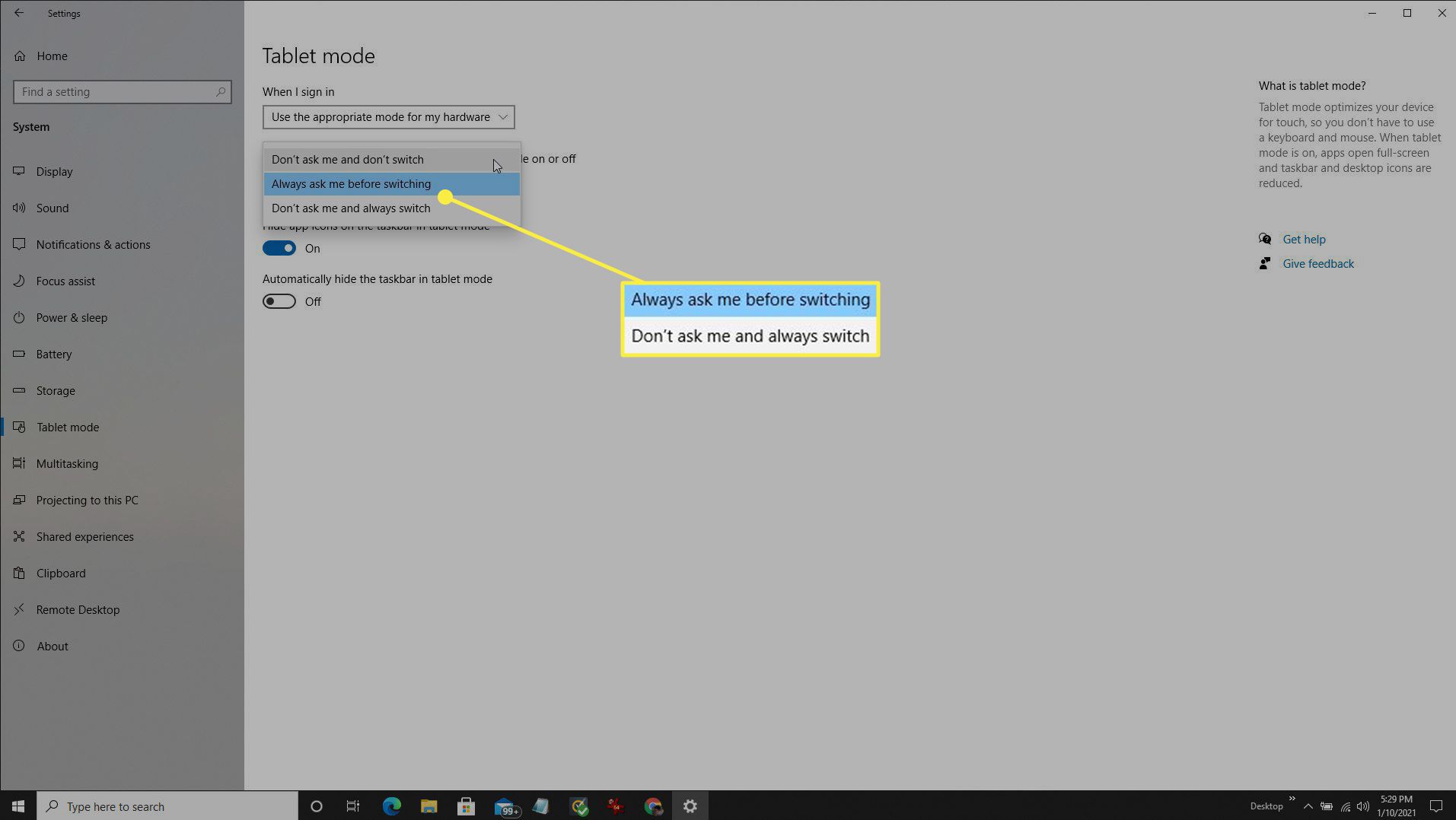 Alteração do item de menu de comutação automática do tablet no Windows 10.