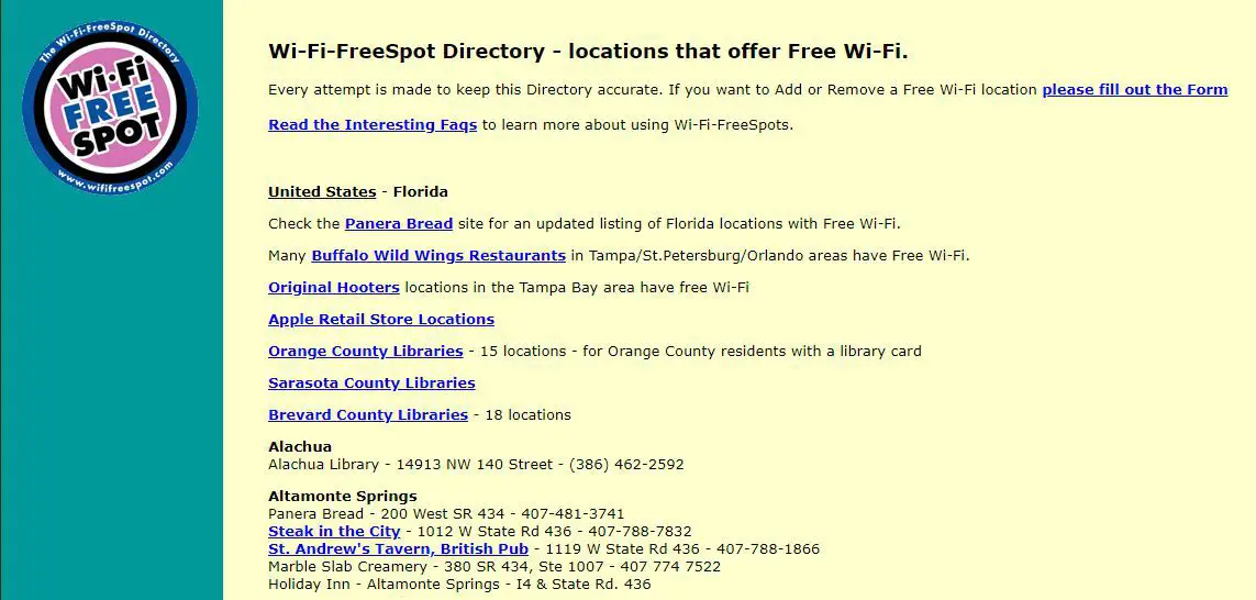 Uma captura de tela do diretório Wi-Fi Free Spot.