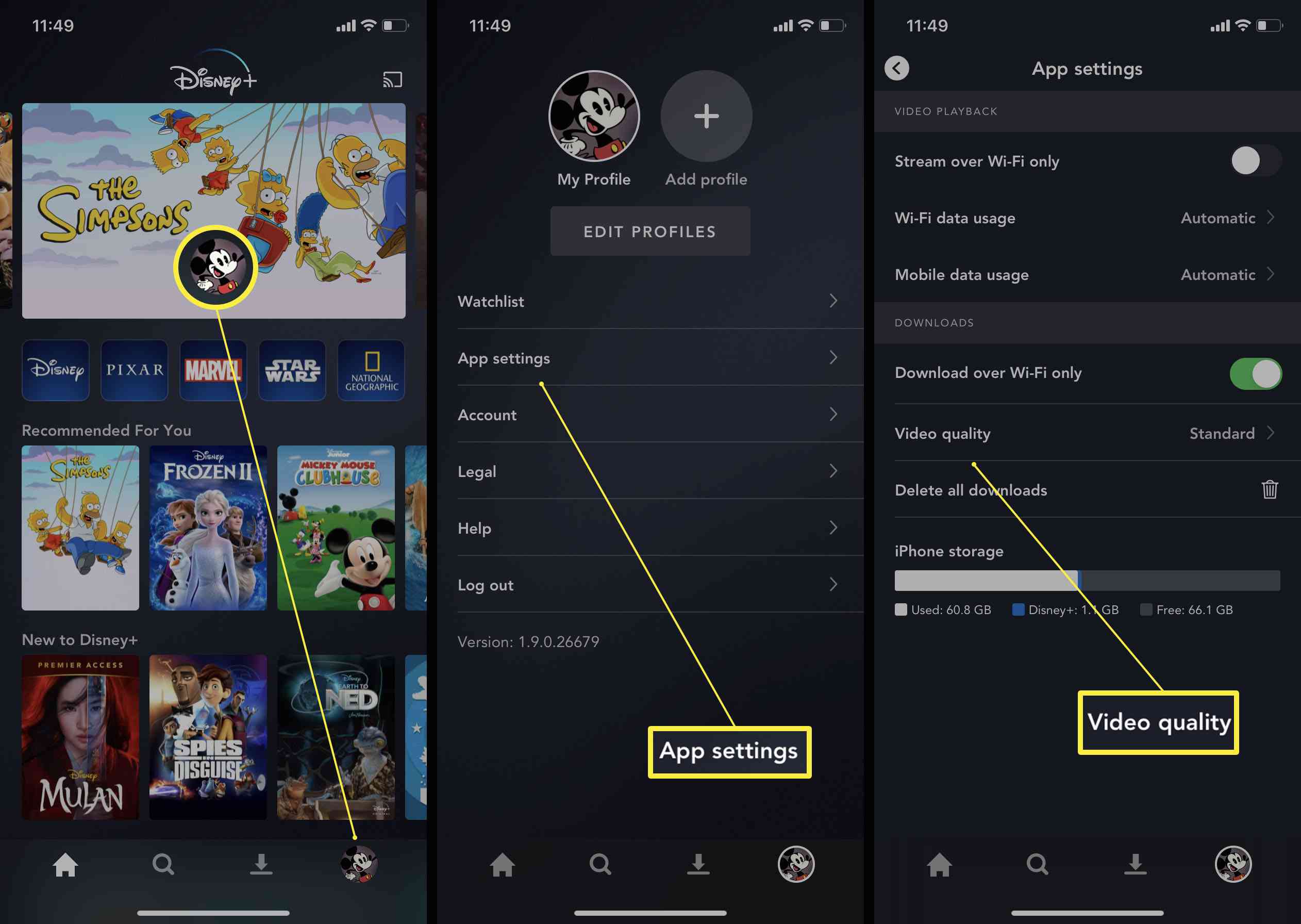 Etapas necessárias no aplicativo Disney Plus para alterar a qualidade de vídeo de filmes e programas baixados