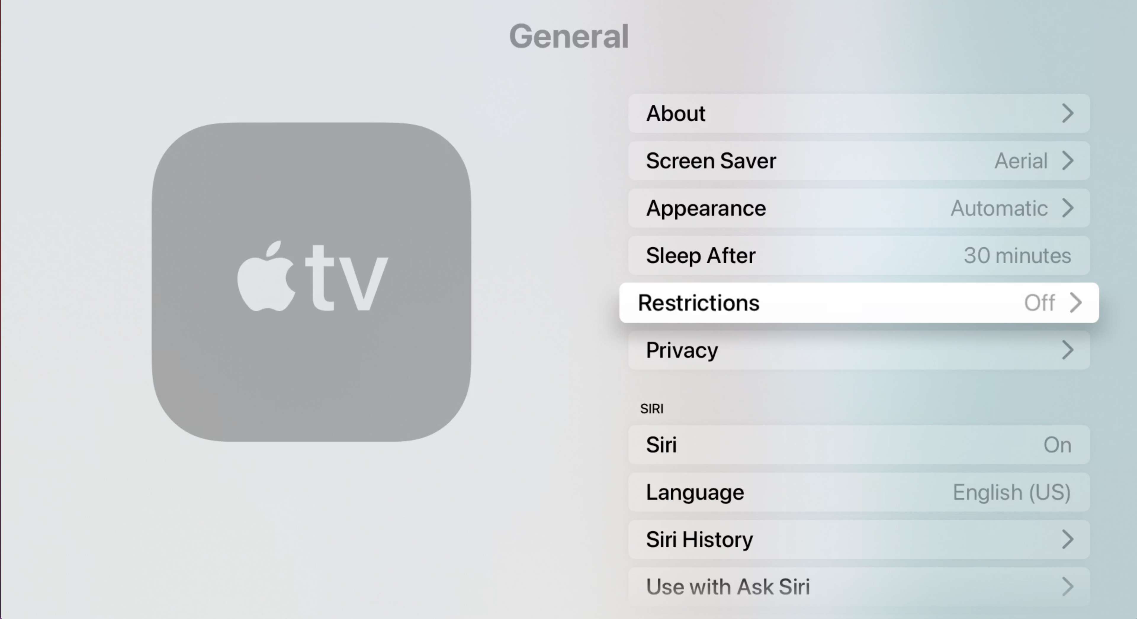 Configurações gerais da Apple TV com restrições destacadas