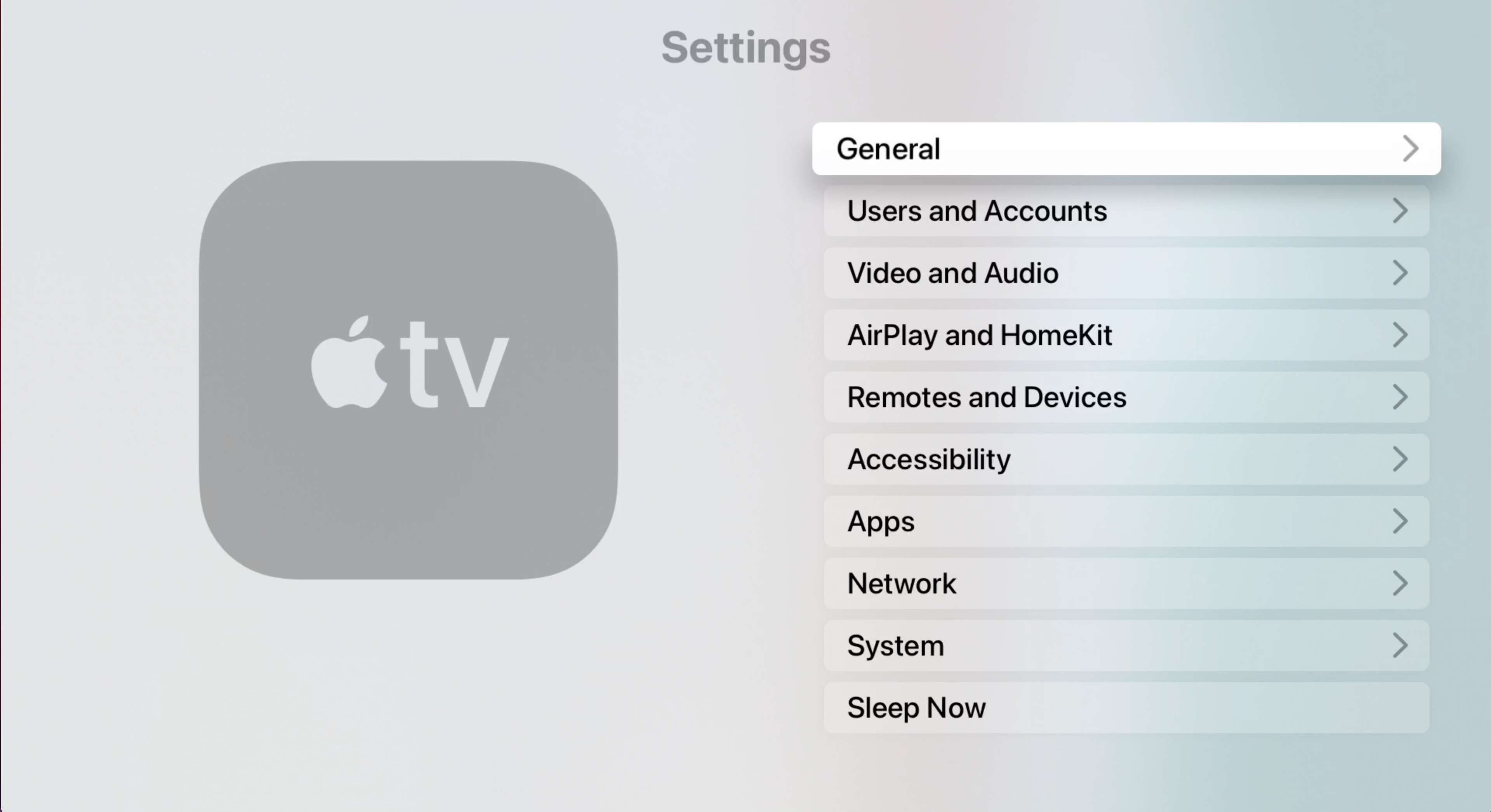 Menu de configurações da Apple TV com Geral destacado
