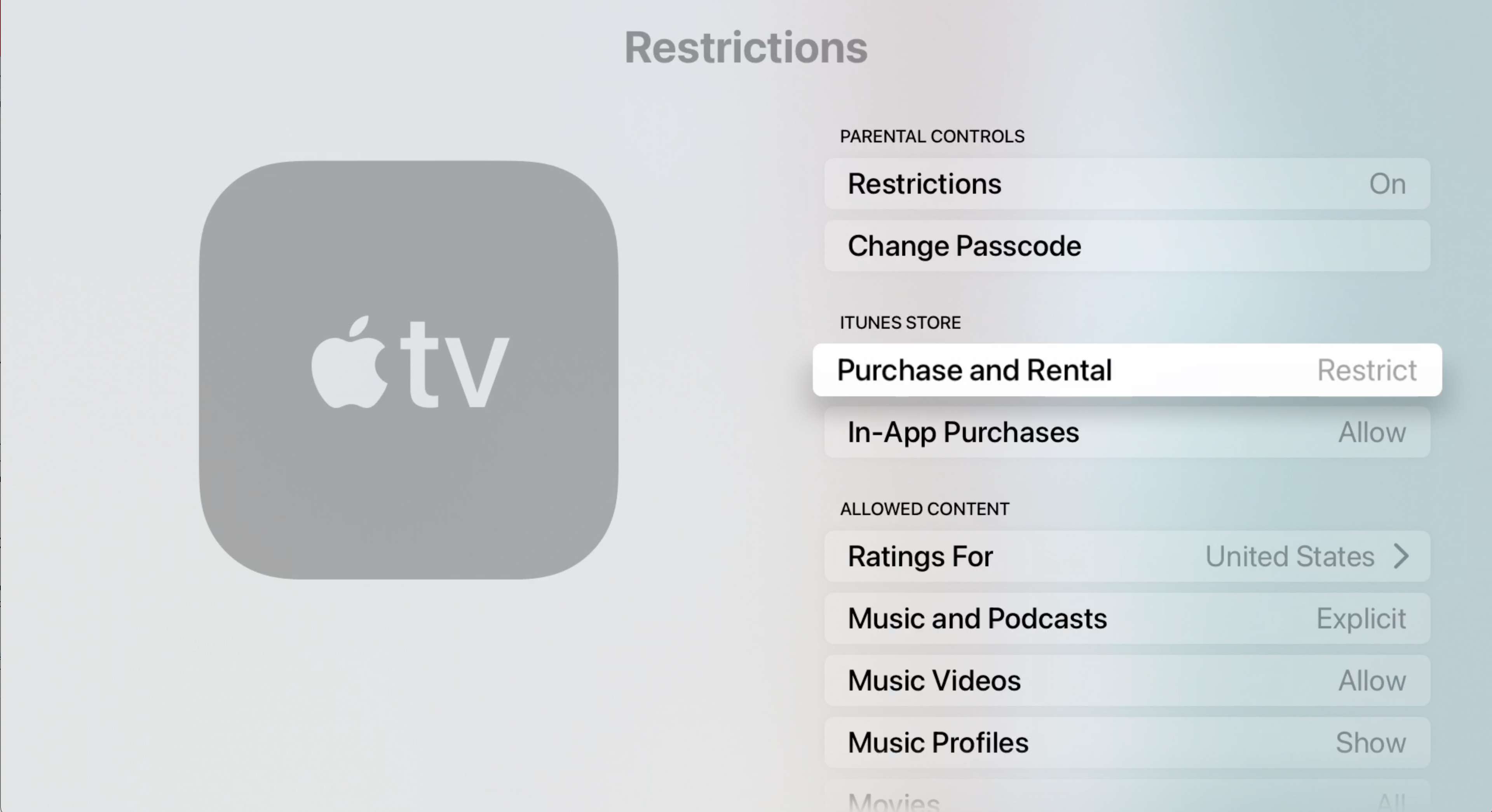Configurações de restrições da Apple TV com Restrição de compra e aluguel realçada