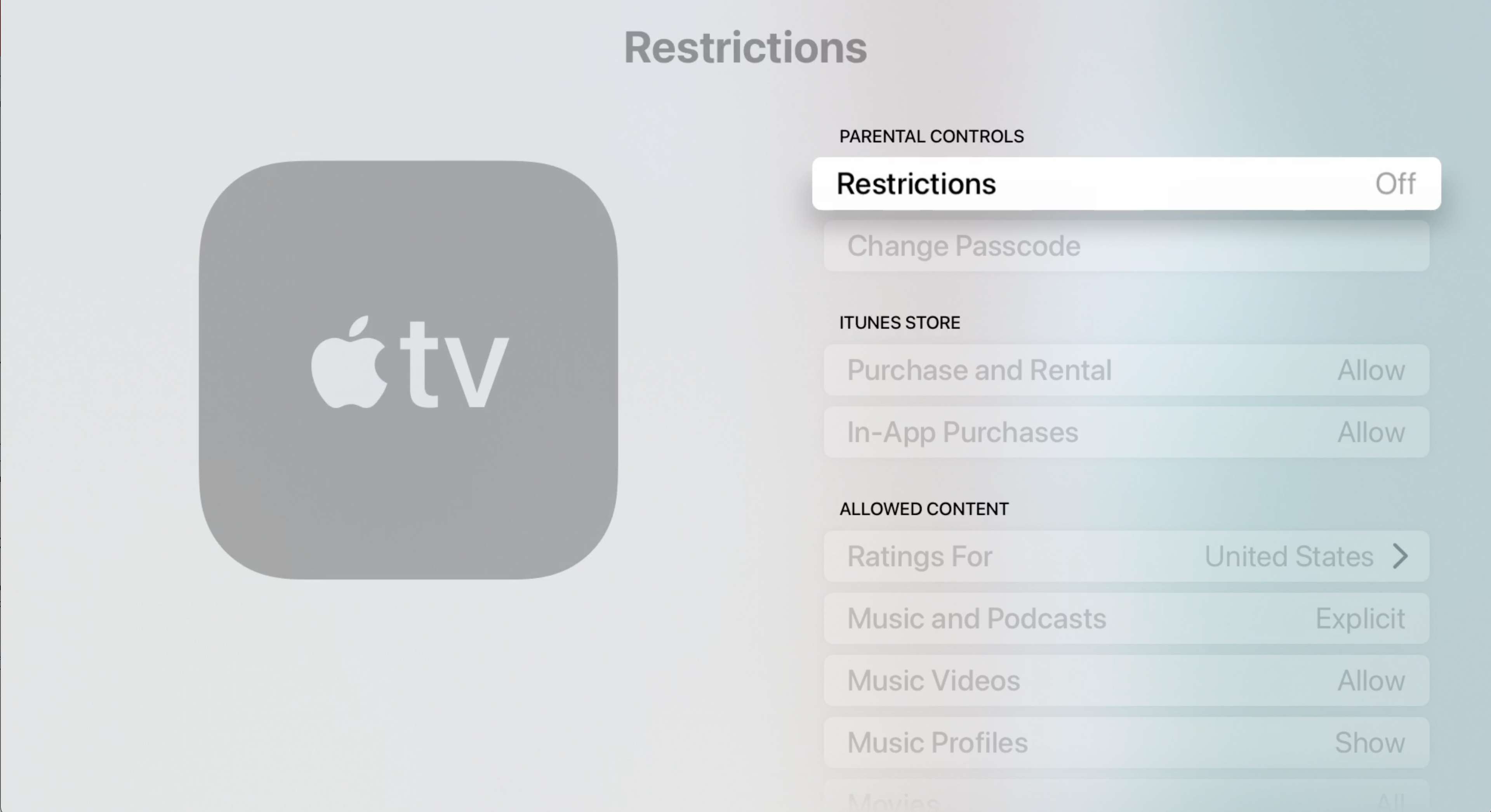 Menu de restrições da Apple TV com restrições selecionadas