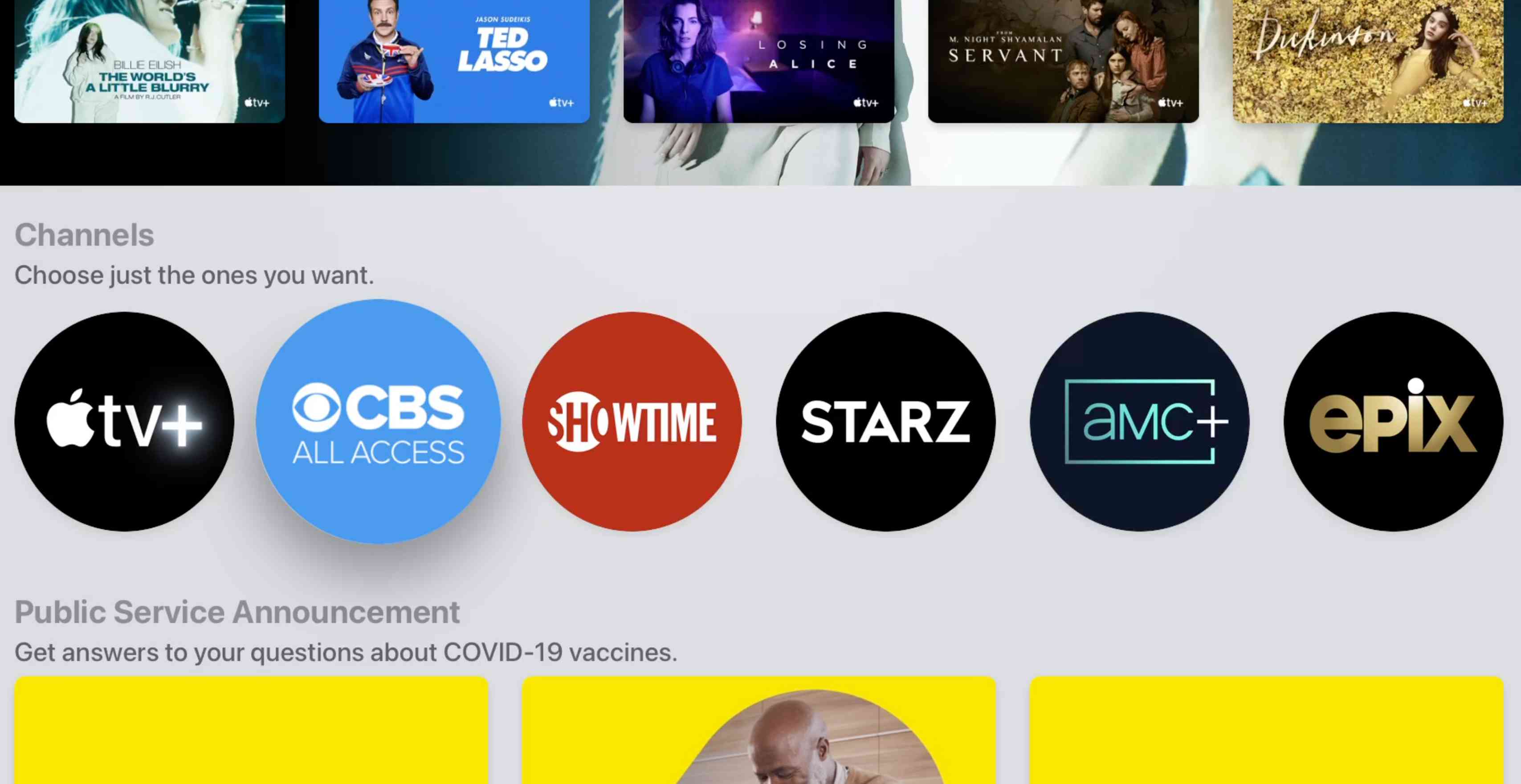 Canais disponíveis no aplicativo Apple TV