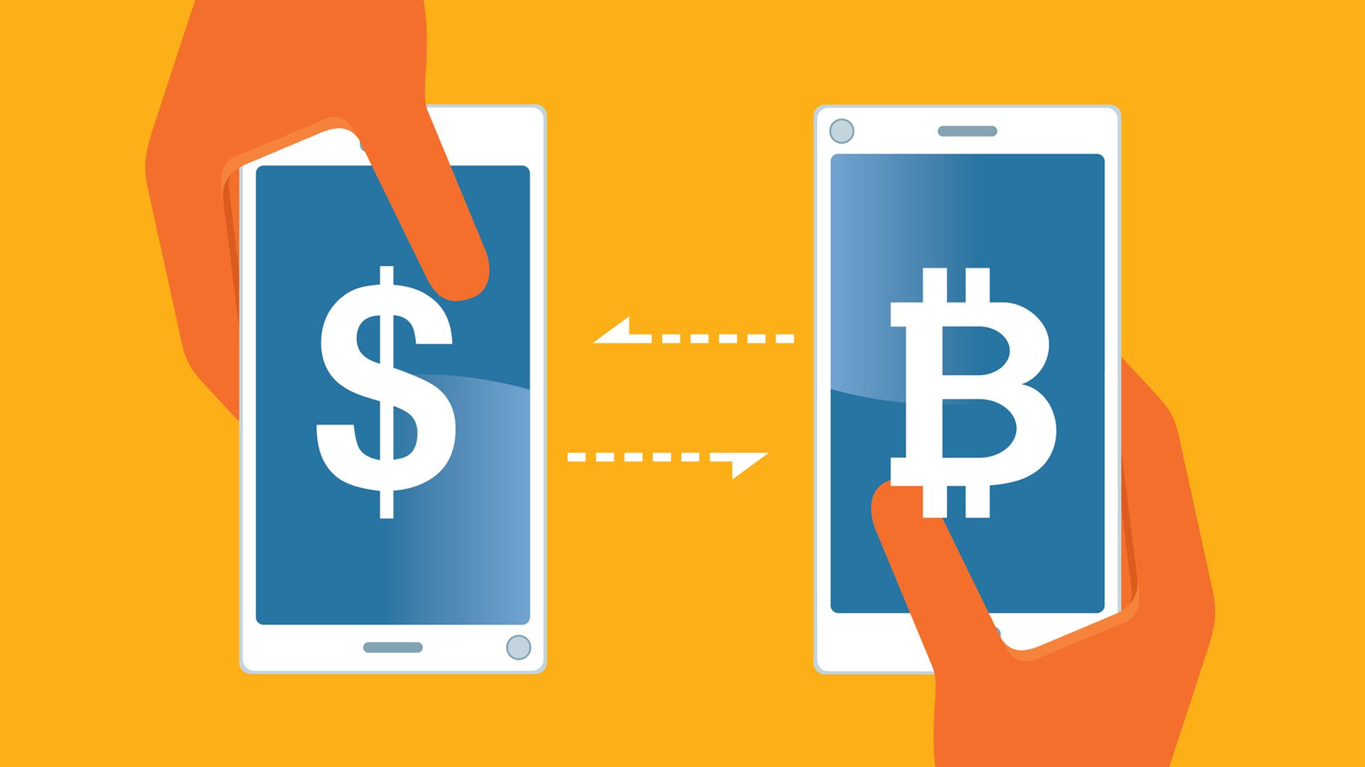 Dois telefones celulares trocando dólares por Bitcoin