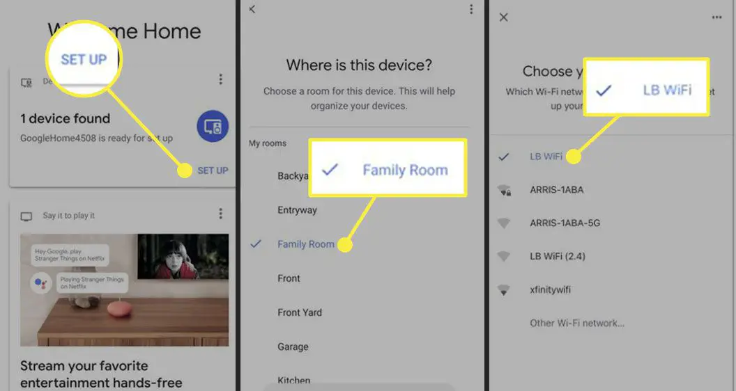 O aplicativo Google Home para iPhone com o botão Configurar e um local e rede Wi-Fi destacados