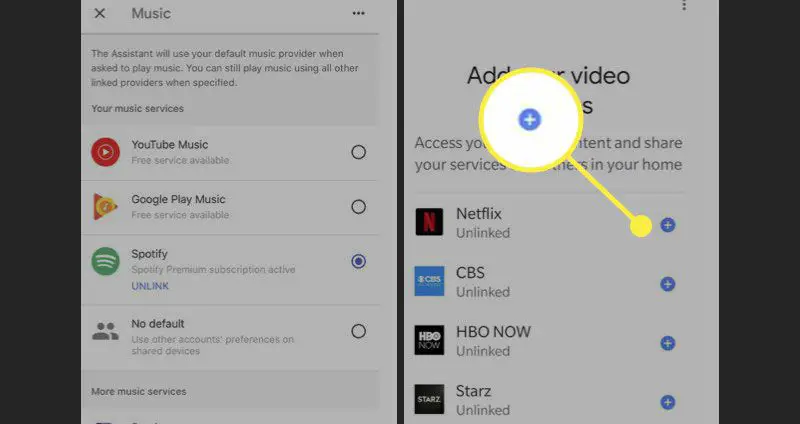 O app Google Home mostrando como adicionar serviços