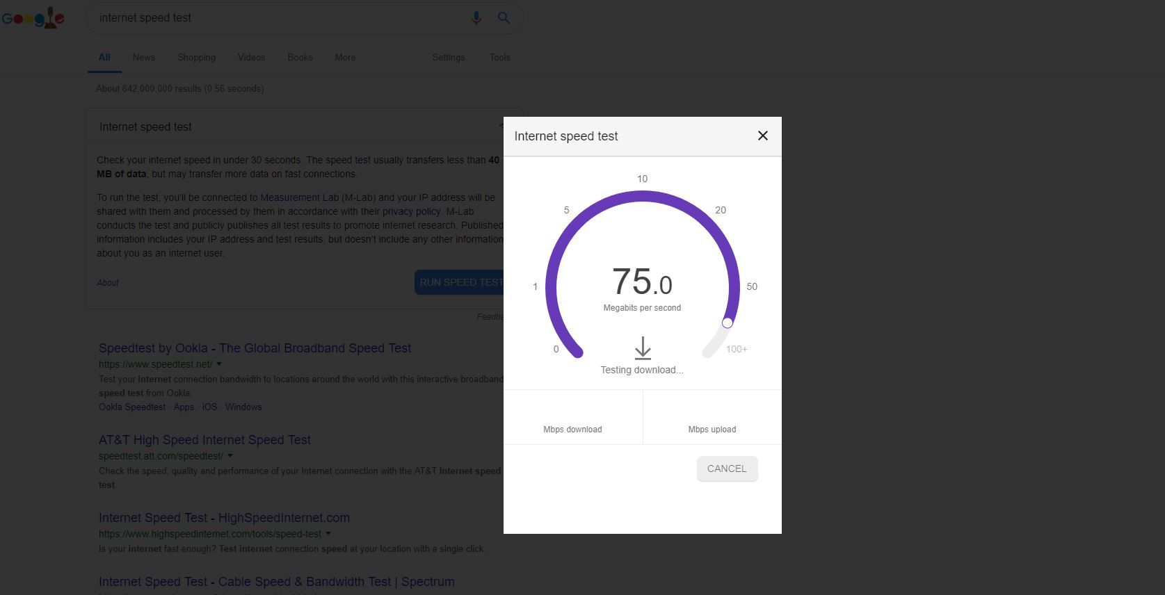 Captura de tela do teste de velocidade da Internet