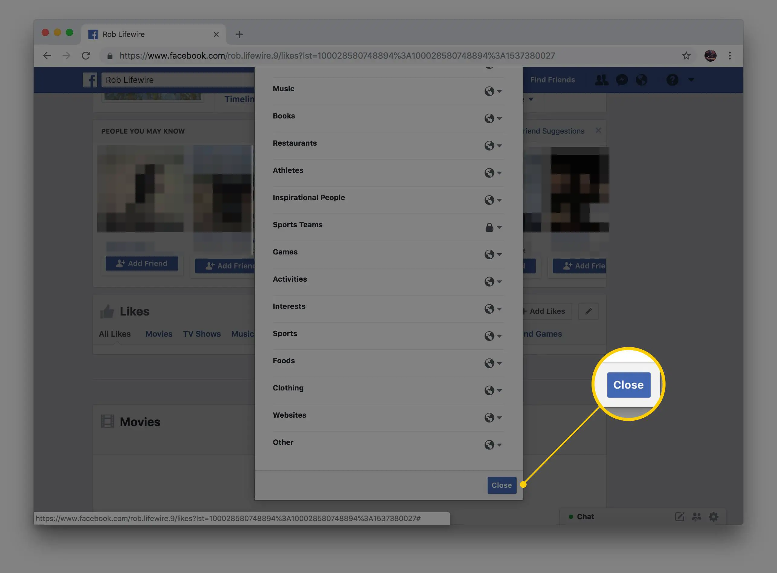 Página do Facebook destacando o botão Fechar na interface Gerenciar privacidade para curtidas