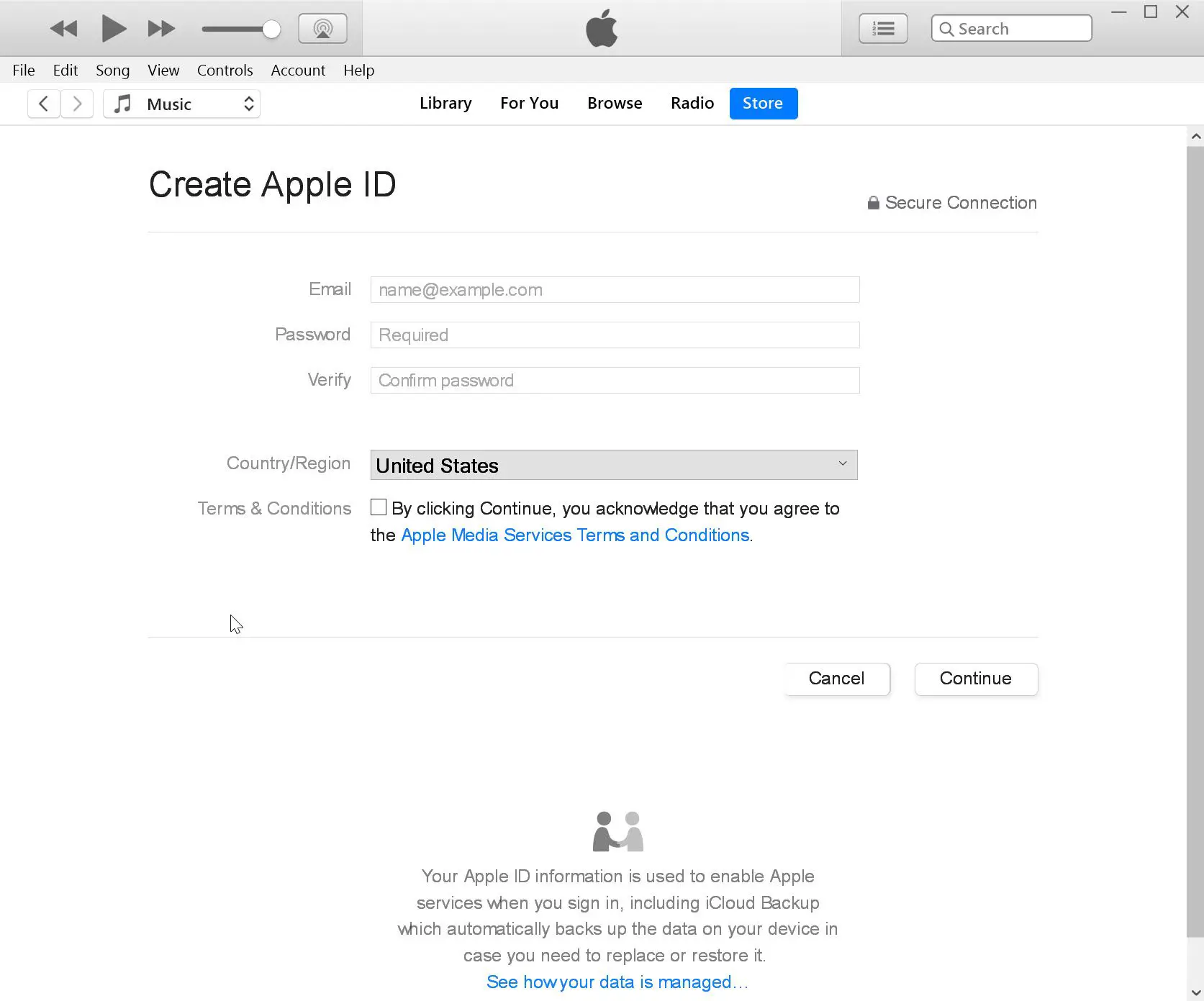 Formulário para criar um ID Apple no iTunes