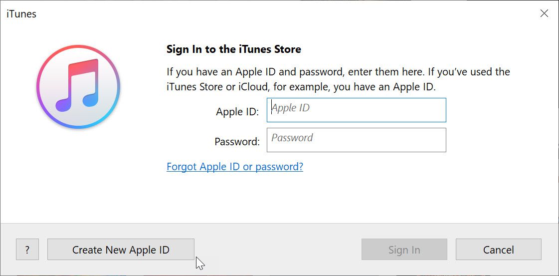 Crie uma nova janela do Apple ID no iTunes