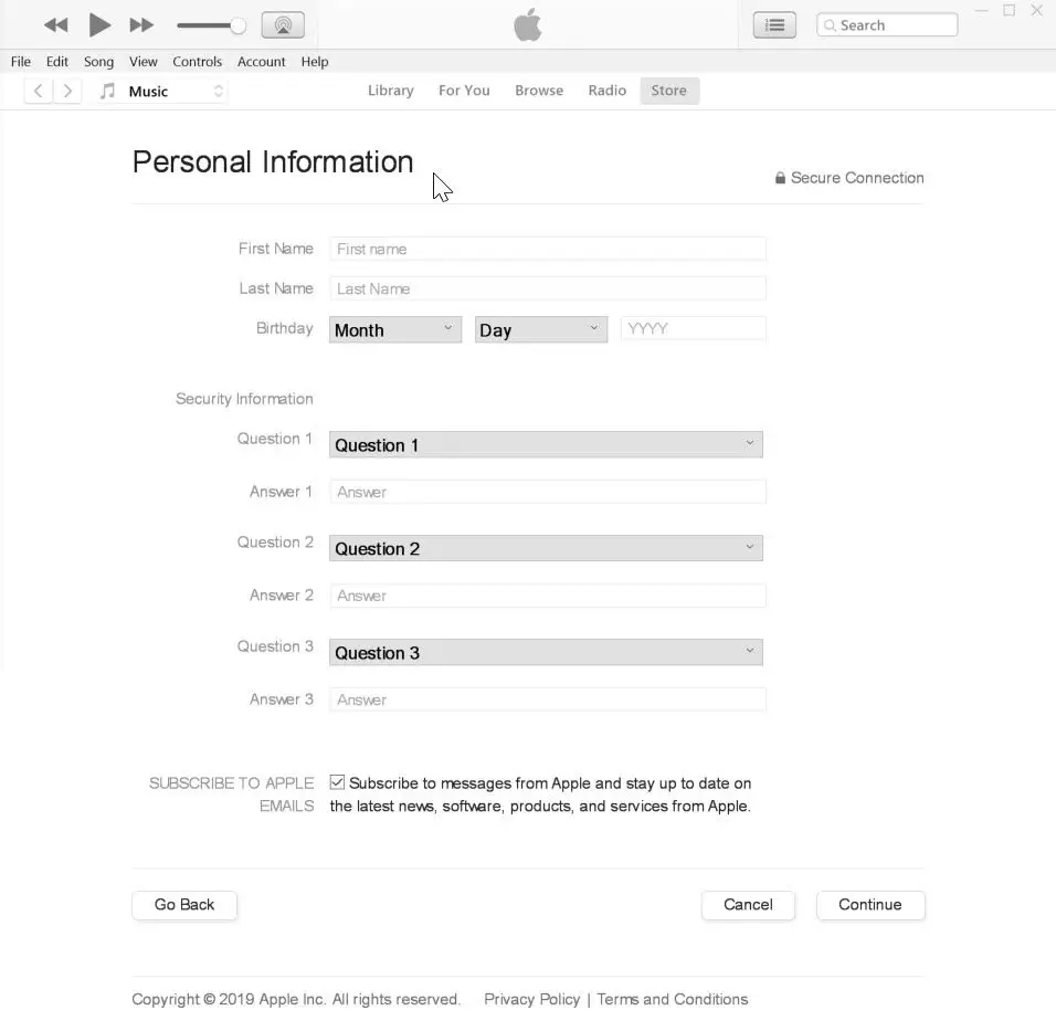 Formulário de informações pessoais para criar um ID Apple