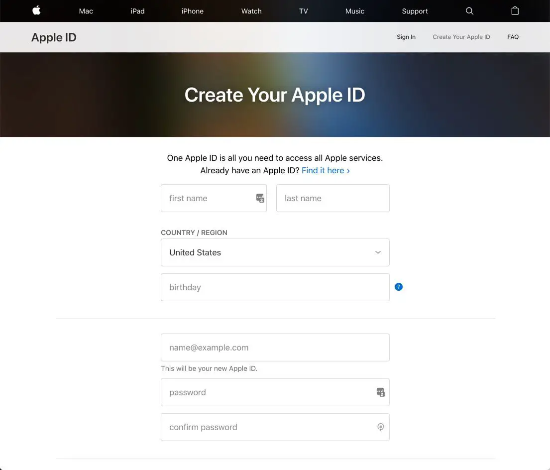Página da web para criar um ID Apple