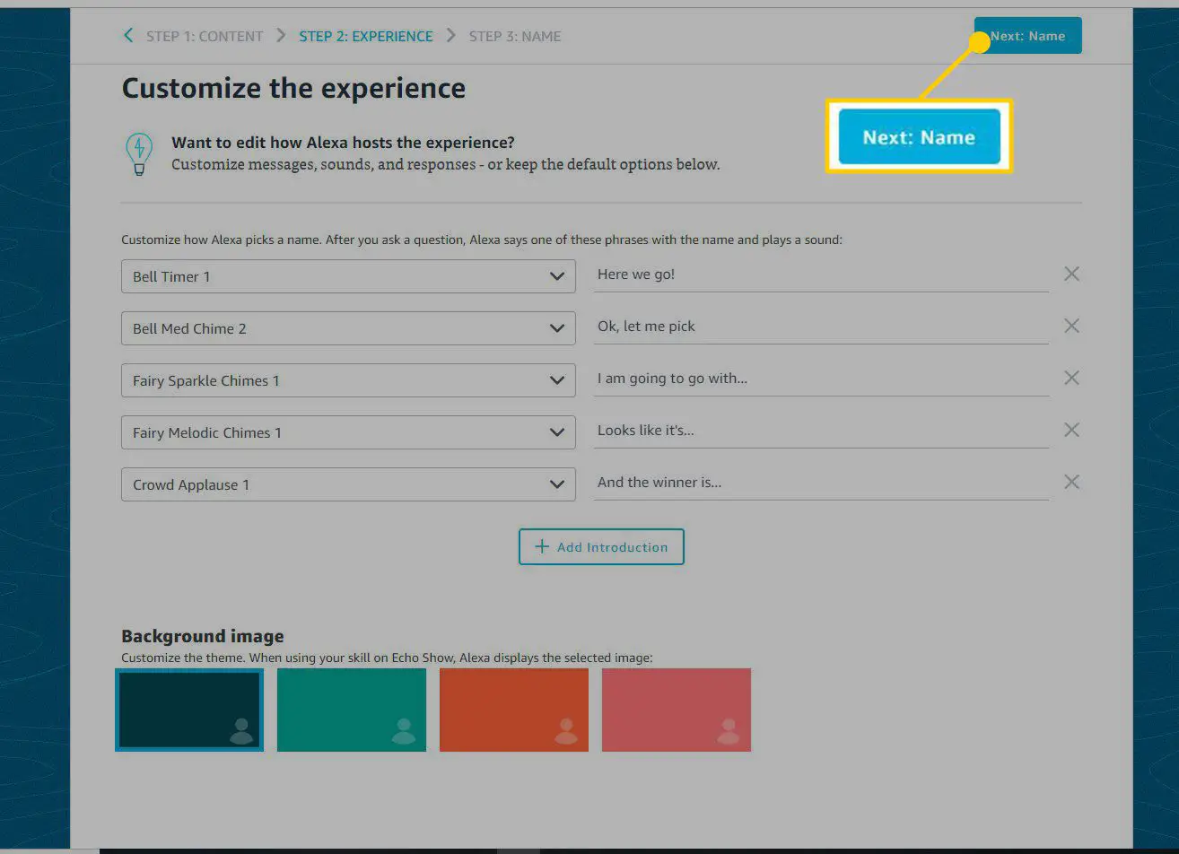 Captura de tela da página Personalizar experiência do modelo Alexa