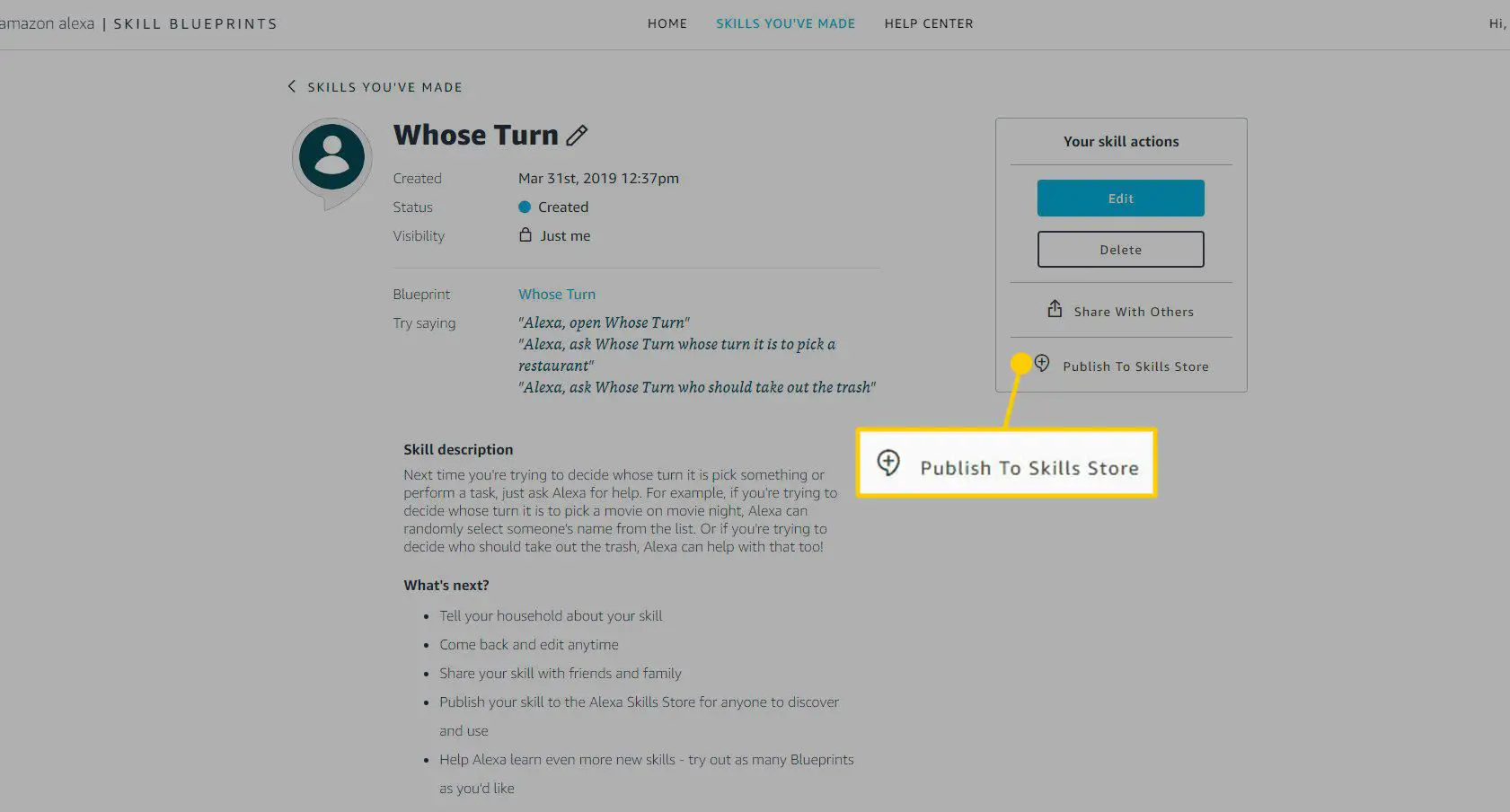 Captura de tela mostrando a localização do link 'Publicar na Skills Store' para Alexa Skills.