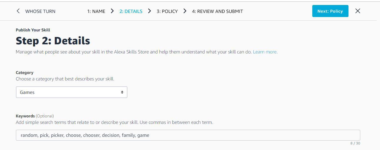 Captura de tela dos campos Categoria e Palavras-chave para adicionar uma habilidade ao Alexa Skills Store.