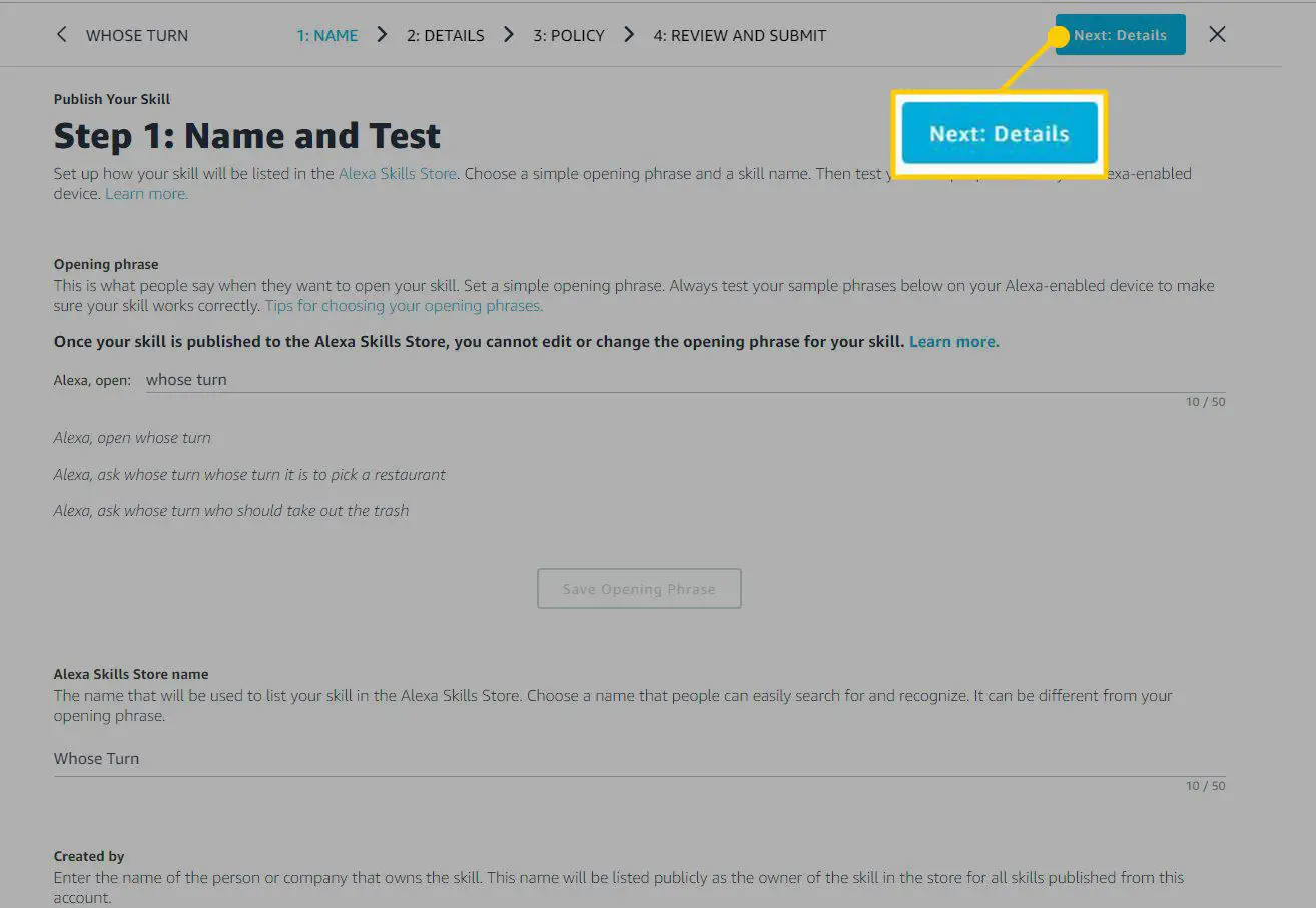 Captura de tela da página de nome e teste