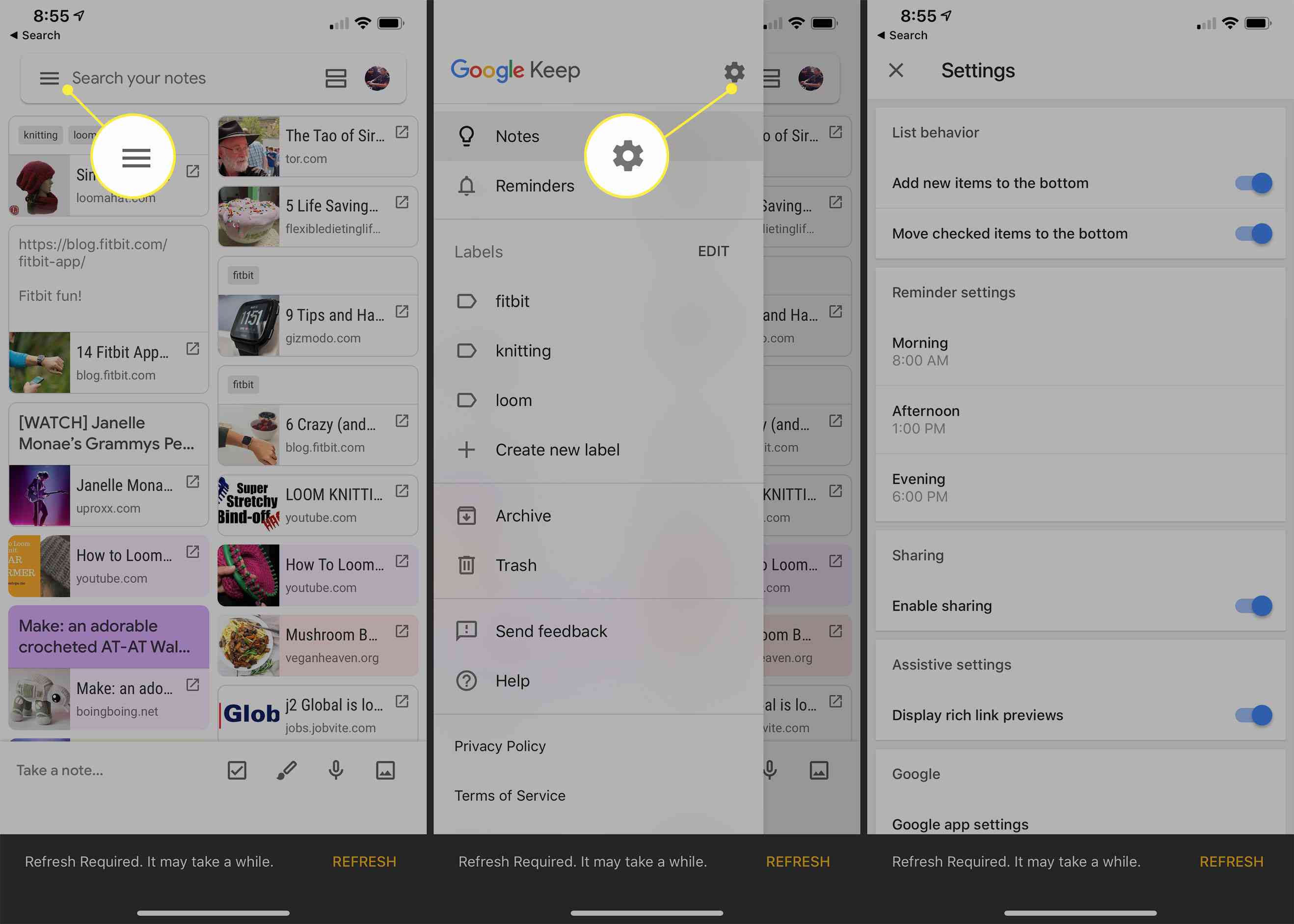 O menu e a opção Configurações no aplicativo Google Keep