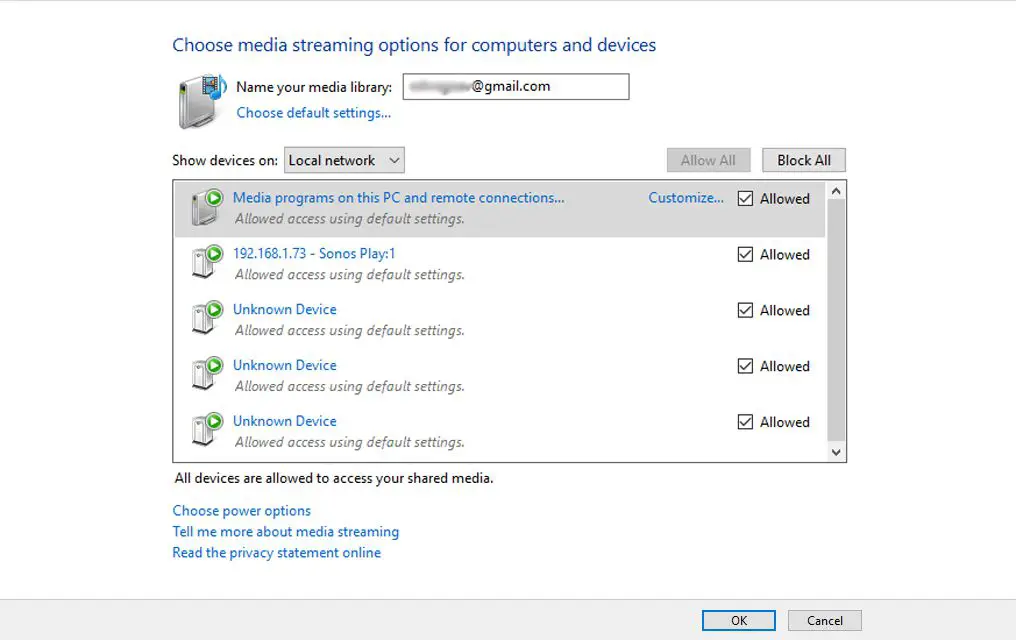 Escolha as opções de streaming de mídia para computadores e dispositivos Windows 10