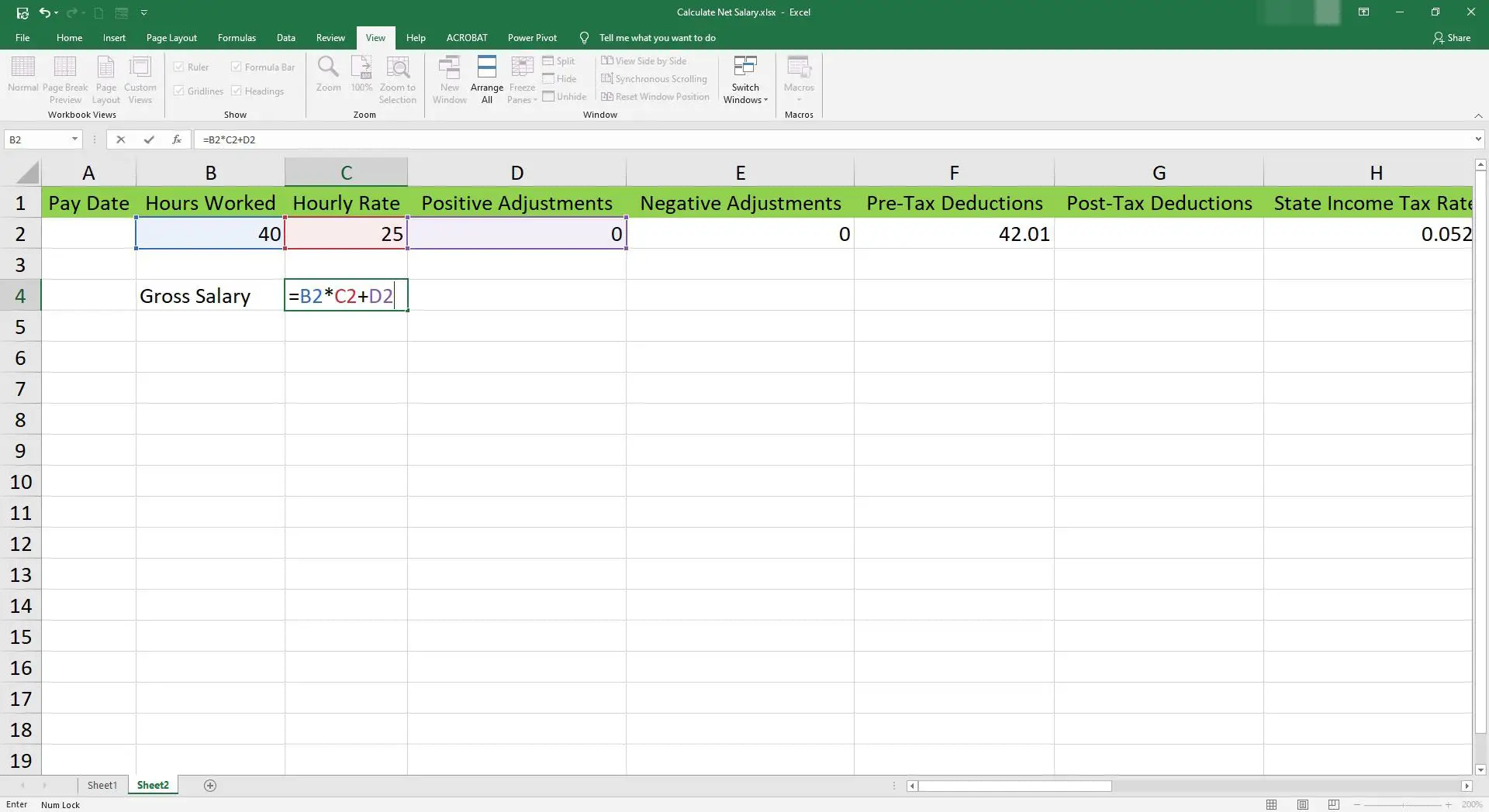 Inserindo a fórmula do salário bruto em uma célula do Microsoft Excel.