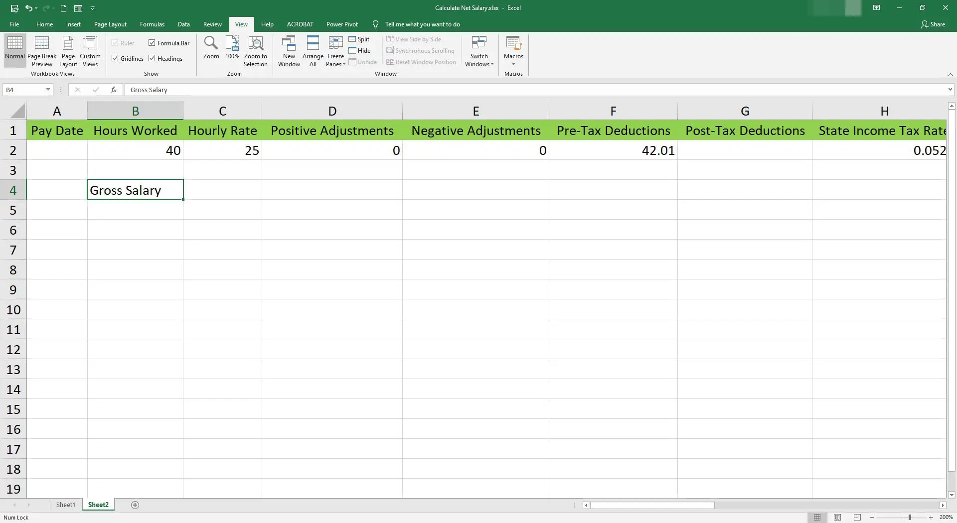 Inserindo o salário bruto em uma célula do Microsoft Excel.