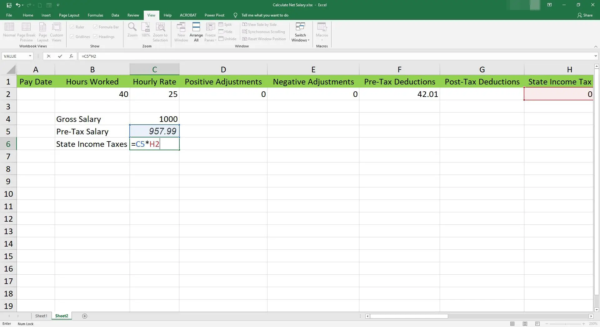 Inserindo a fórmula de imposto de renda estadual em uma célula do Microsoft Excel.