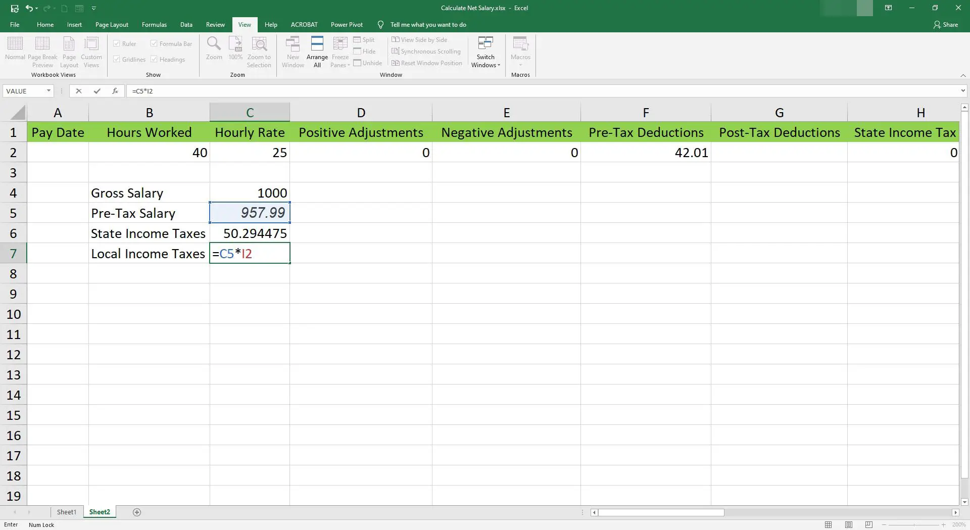 Inserindo a fórmula de imposto de renda local em uma célula do Microsoft Excel.