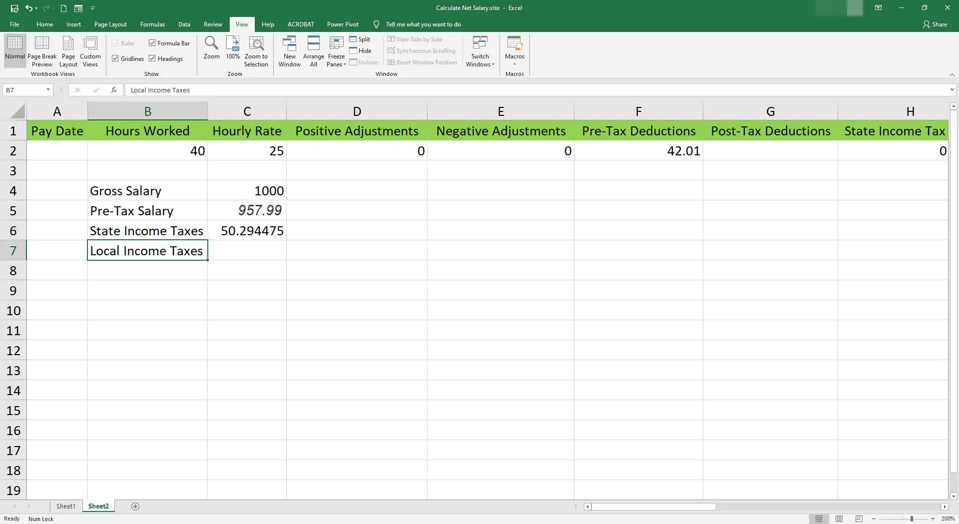 Inserindo Imposto de Renda Local em uma célula do Microsoft Excel.