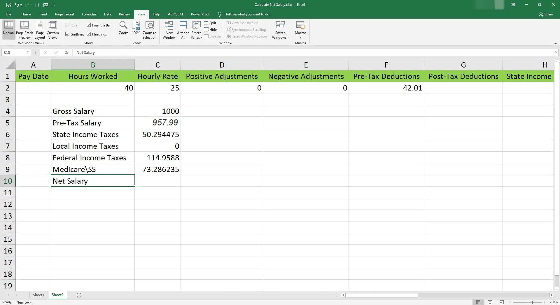 Inserindo o salário líquido em uma célula do Microsoft Excel.