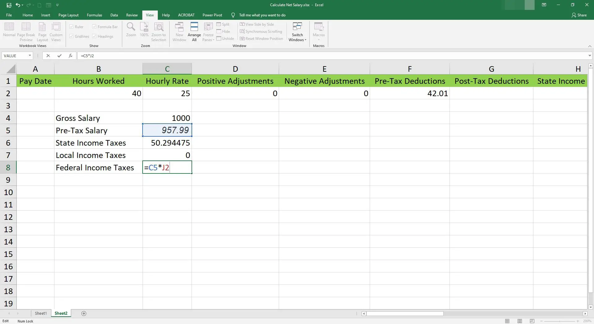 Inserindo a fórmula do imposto de renda federal em uma célula do Microsoft Excel.