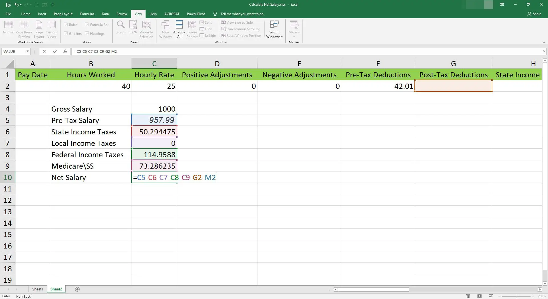 Inserindo a fórmula de salário líquido em uma célula do Microsoft Excel.