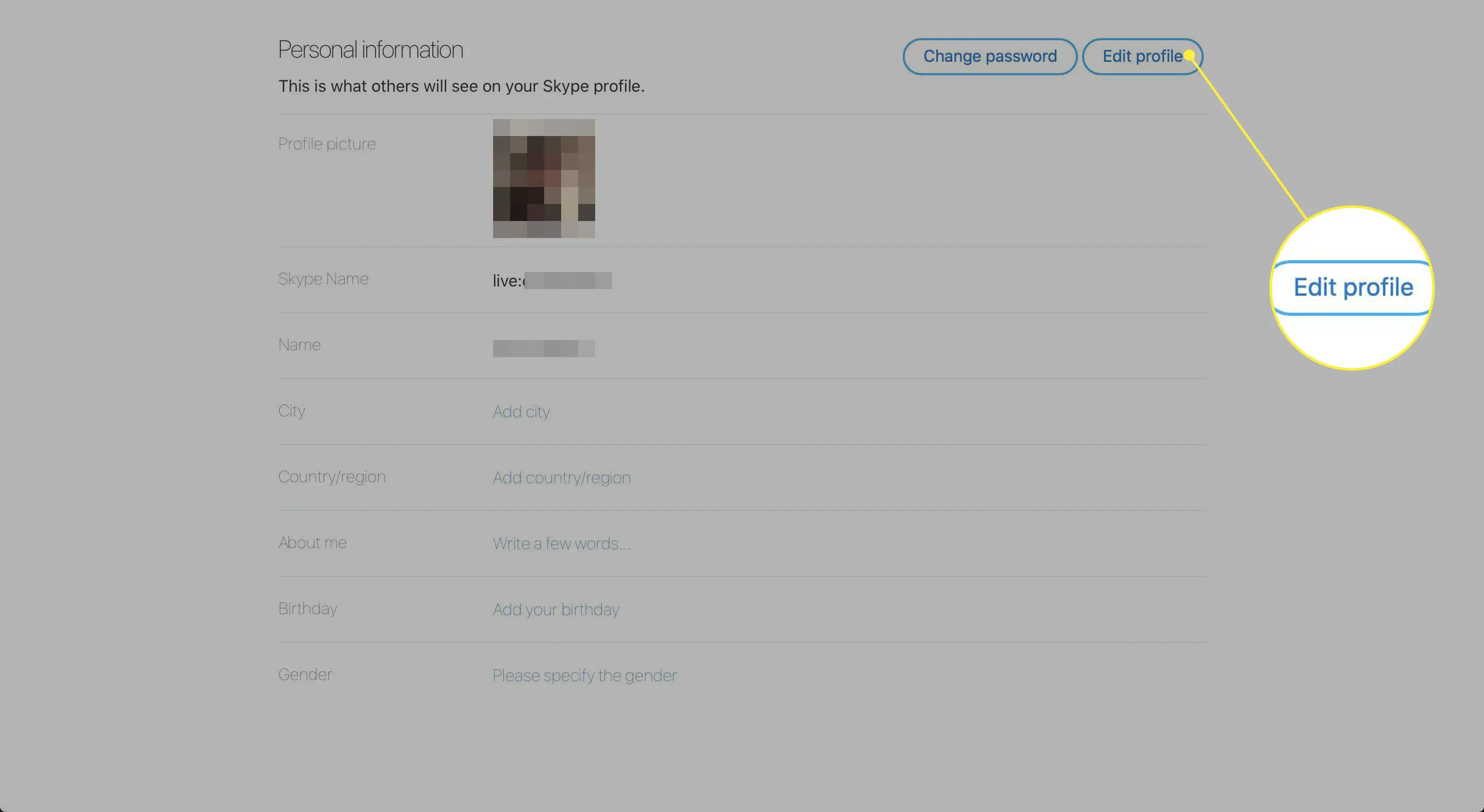 Uma captura de tela do Skype "Informações pessoais" página com o "Editar Perfil" botão destacado
