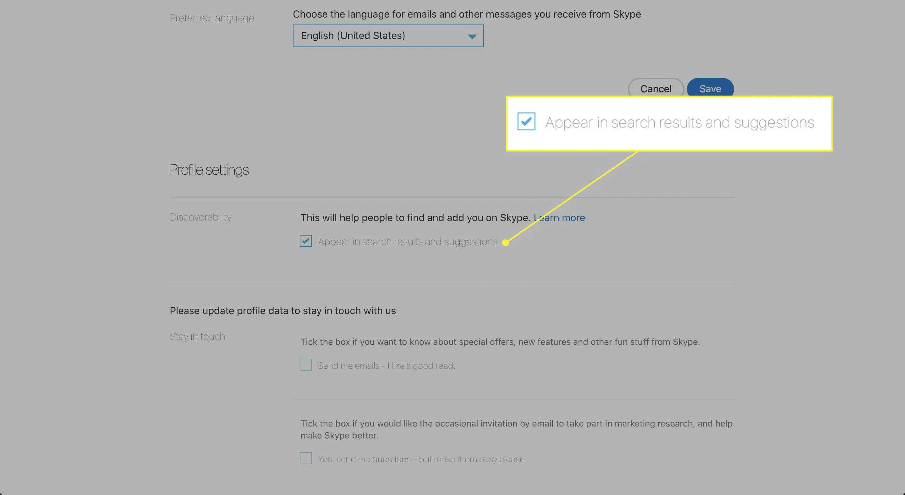 Uma captura de tela da página de configurações do perfil do Skype com o "Aparecem em resultados de pesquisa e sugestões" opção destacada