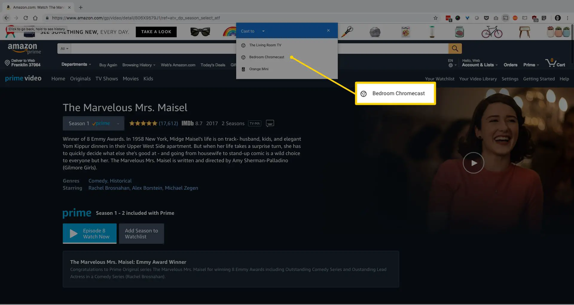 Captura de tela da opção Bedroom Chromecast em Cast to menu no Chrome