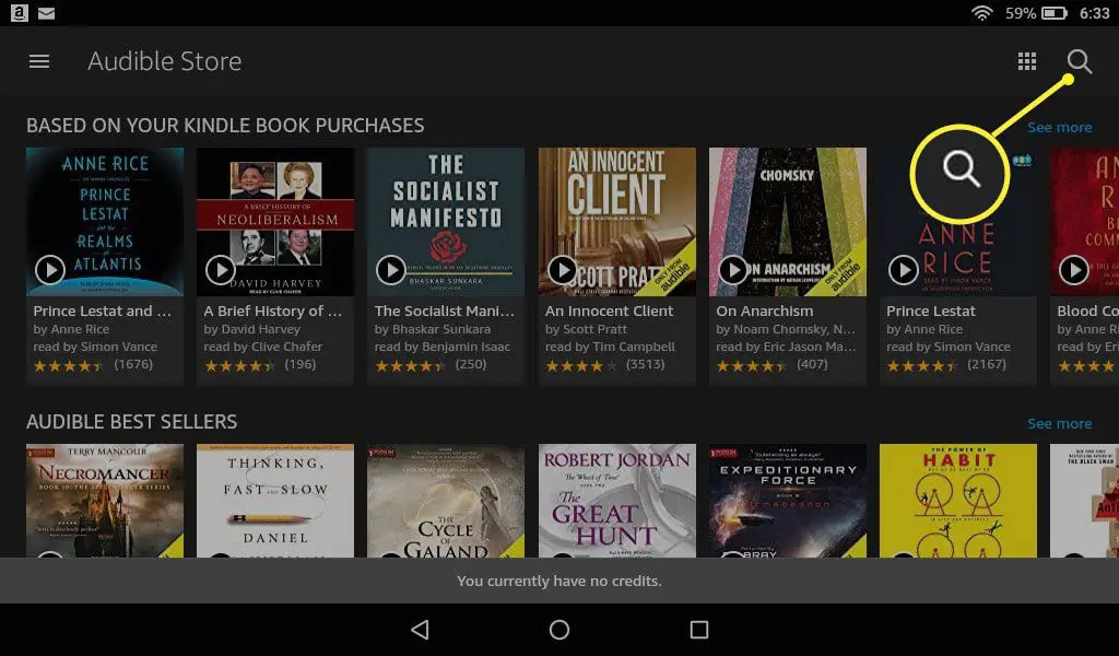 Botão de pesquisa da Kindle Audiobooks Store