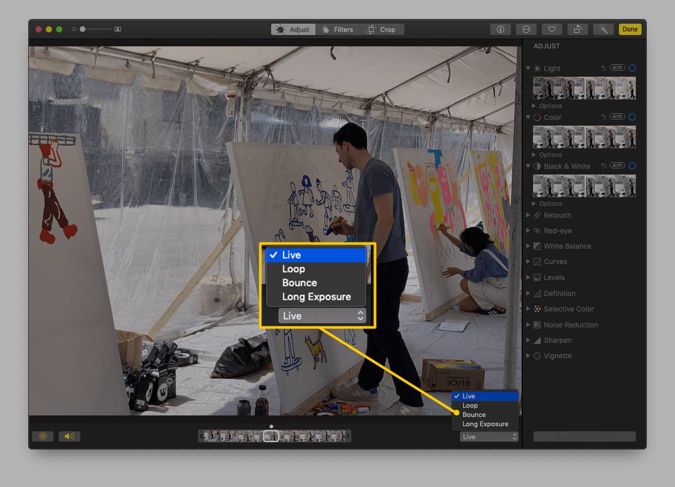 Opções de efeito de foto ao vivo no macOS Photos