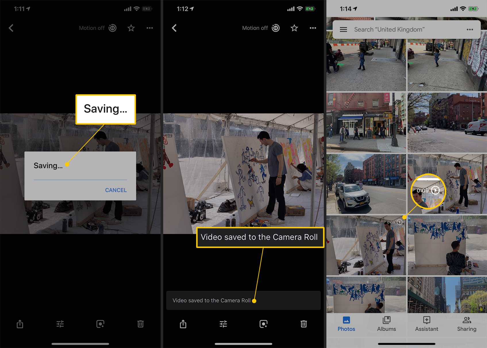 Salvando, mensagem salva de vídeo e ícone de vídeo no Google Fotos para iOS