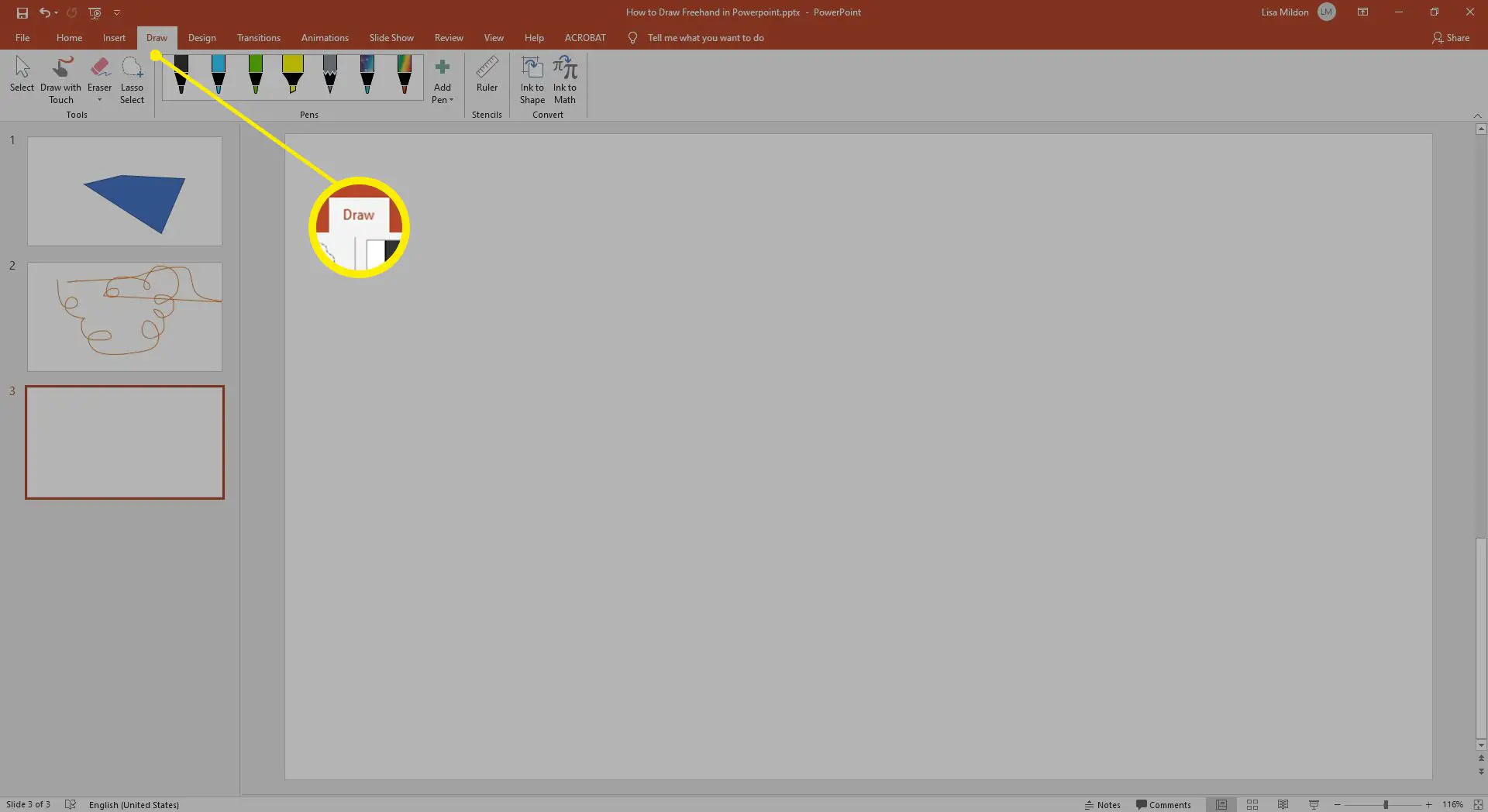 Usando a ferramenta Desenhar para desenhar formas no PowerPoint